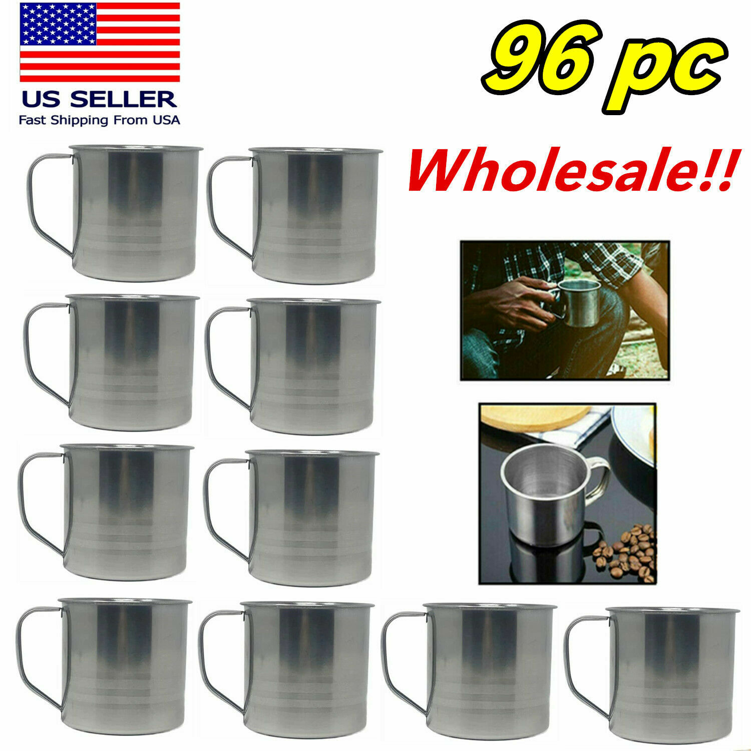 Wholesale Lot 96pc Stainless Steel Coffee Soup Mug Tumbler Camping Mug Cup 16oz