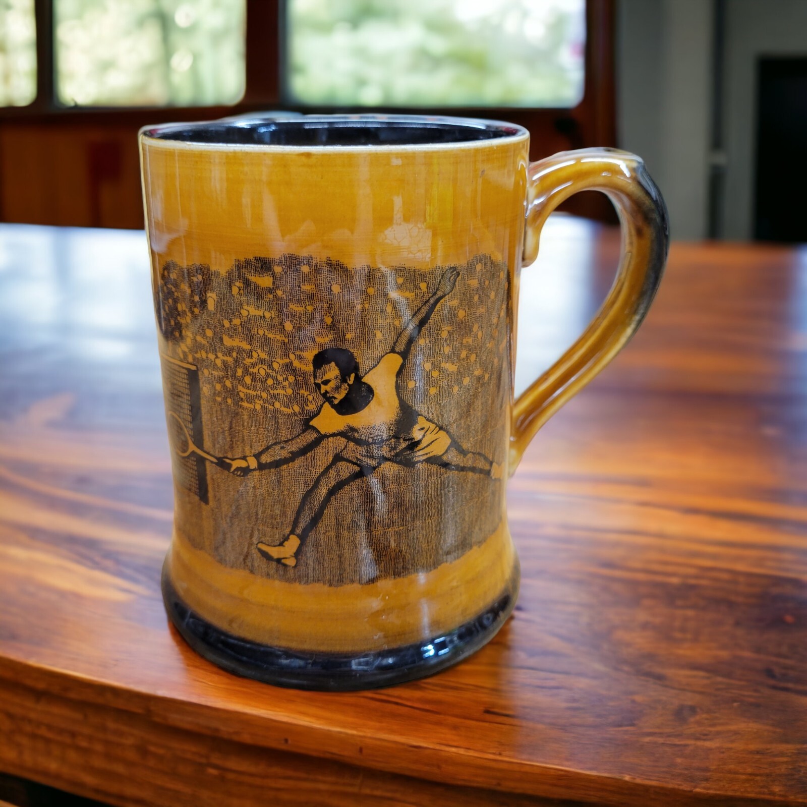 Vintage Tennis Player Ceramic Mug Golden Amber Glaze Tankard Sports Decor
