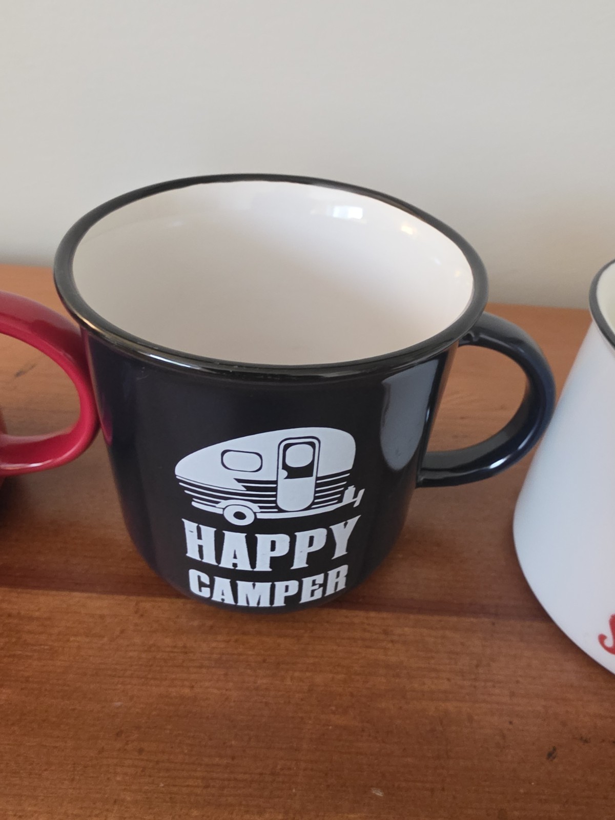 Set of 3 Camping Mugs with Happy Camper Wood Block Decor