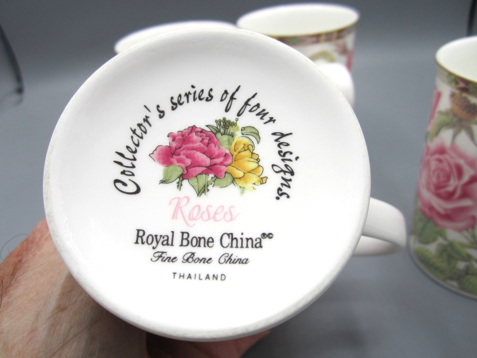 Set of 4 Royal Bone China, White, Pink, Green, Roses Tea Coffee Mug 10 oz (Box)