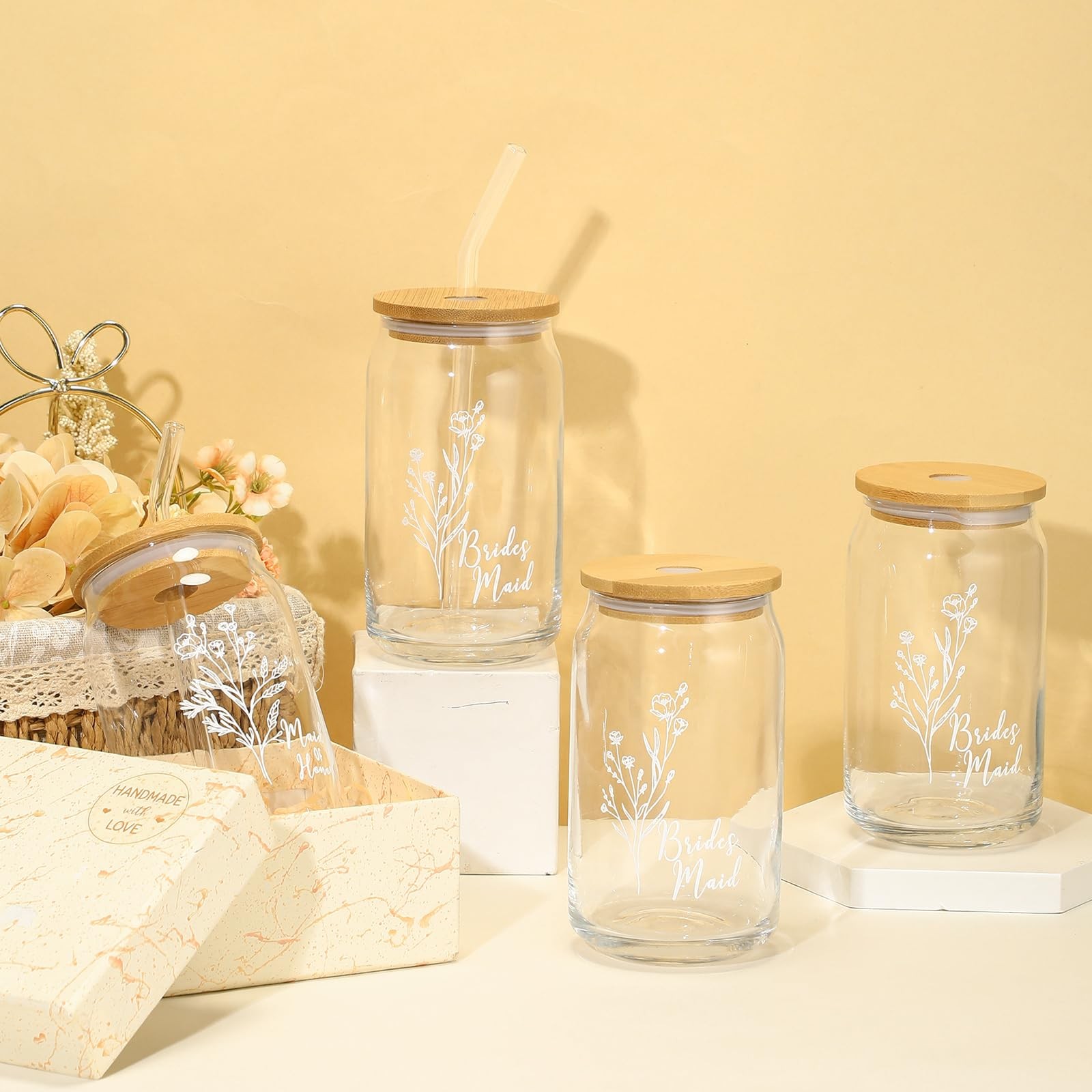 Layhit 5 Pcs 16 Oz Can Shaped Drinking Glasses with Lids Bridesmaid Gifts