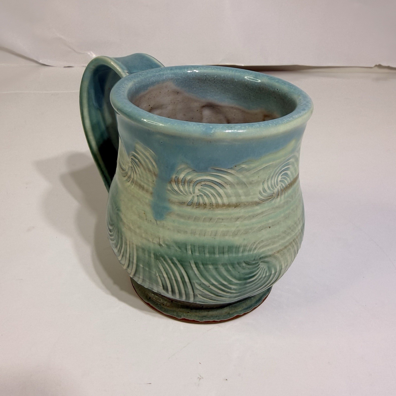 Studio Pottery Coffee Mug Cup Green Wave Design Signed Beach Salt Life