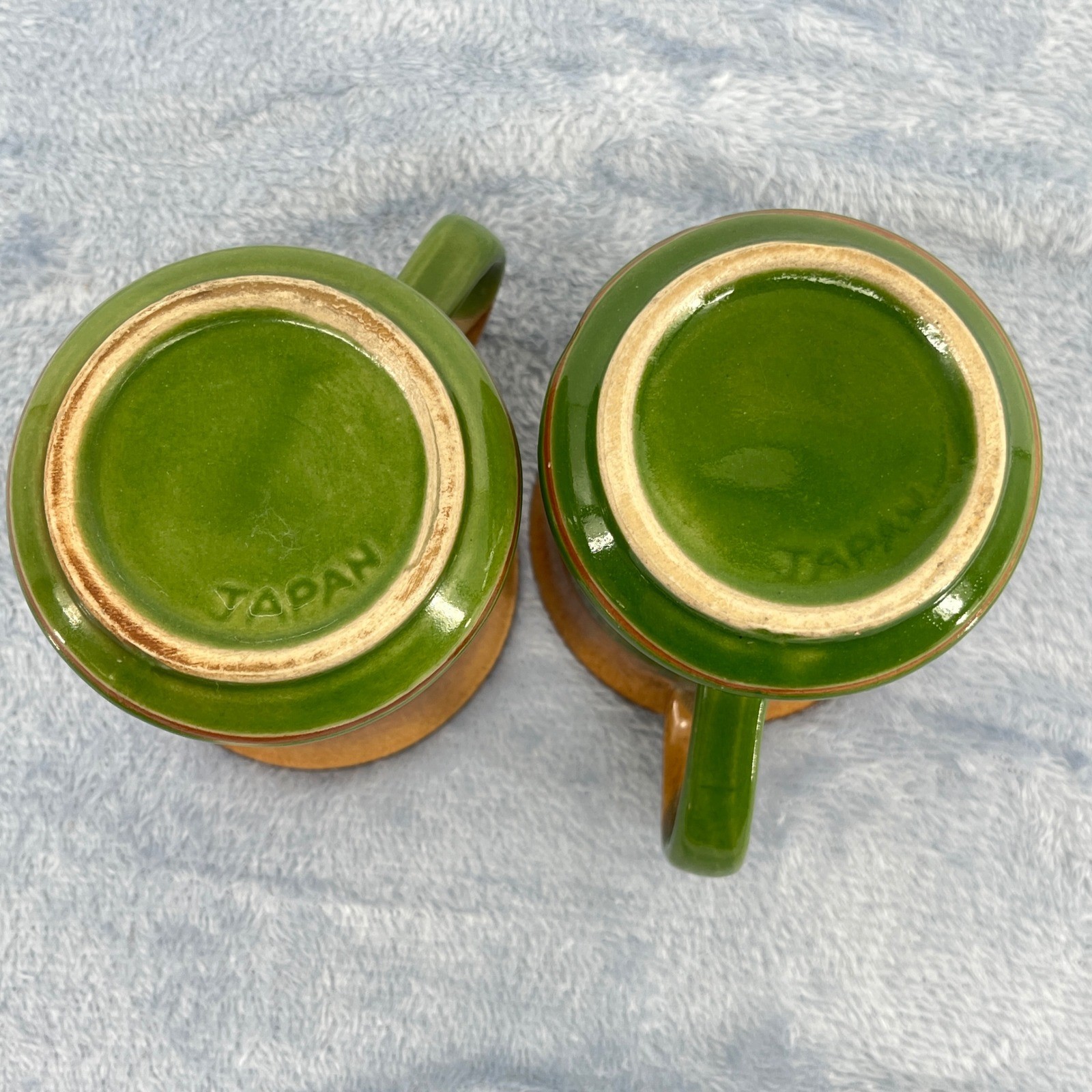 Mid Century Modern Japanese Green & Brown Stoneware Mugs – Set of 2