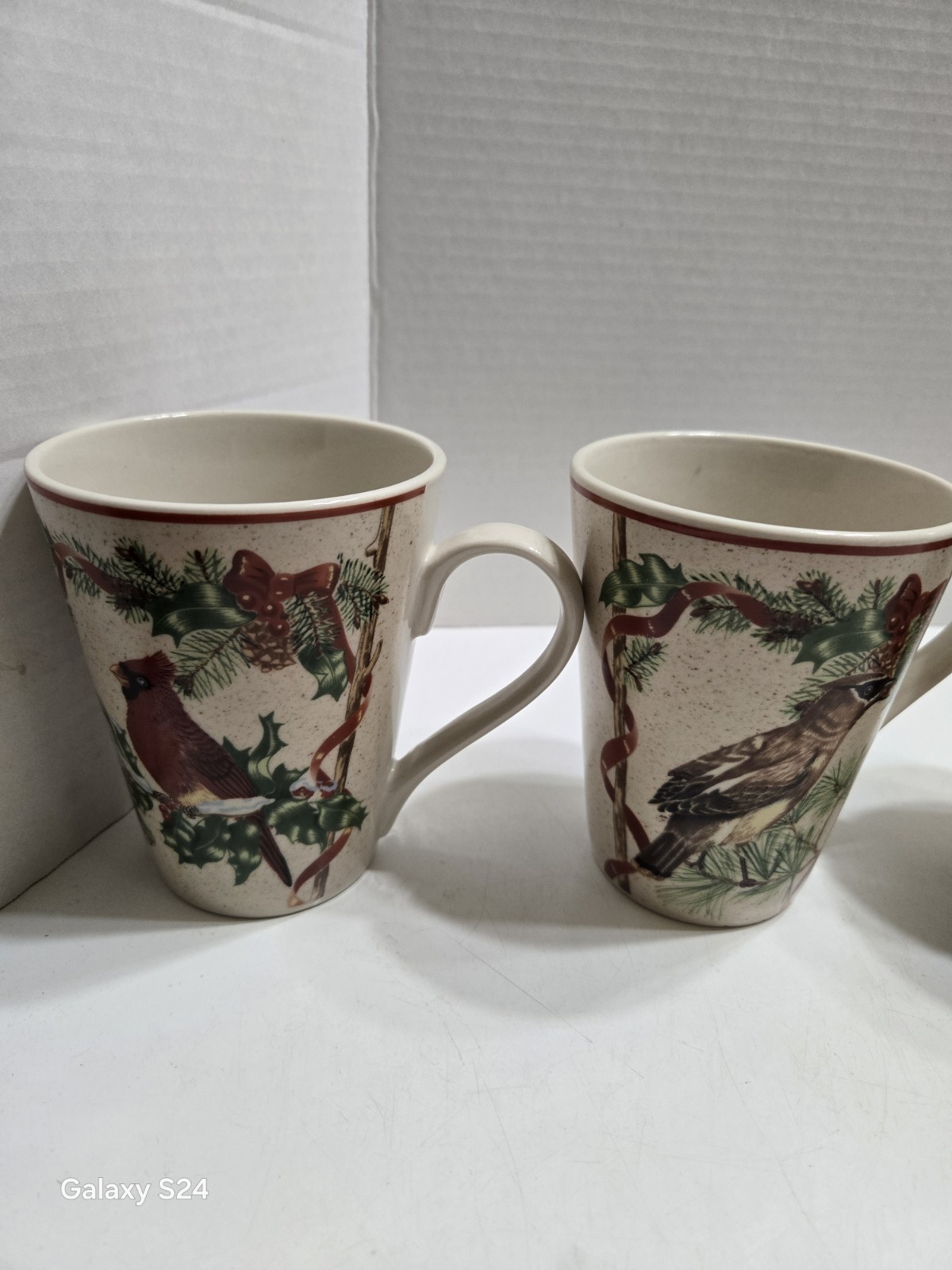 Vintage BLOCK BASICS ” Festive Ribbon ” Set Of (4) Winter Bird Pattern…