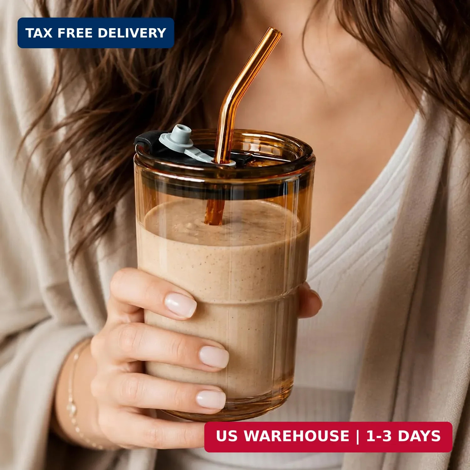 13 oz Iced Coffee Cup, Glass Tumbler with Straw and Lid for Tea, Matcha, Cold Br