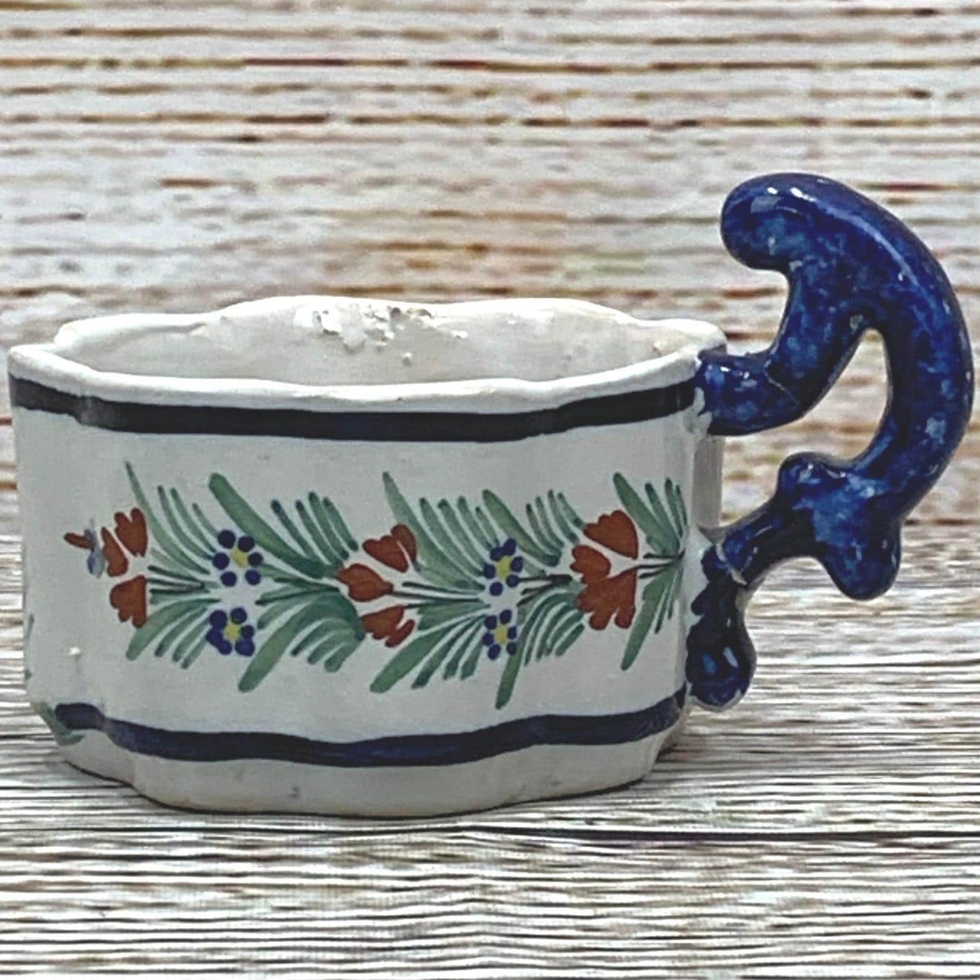 HR Quimper Hand Painted Floral Mug Blue Handle Vintage Signed