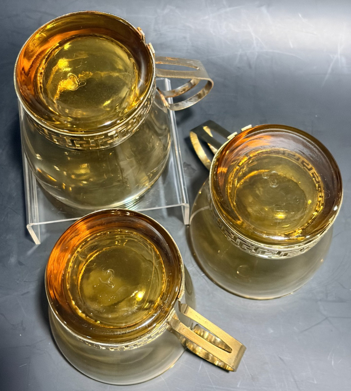 Vintage Libbey Amber Glass Coffee Mugs Greek Key Brass Metal Holders Set of 3