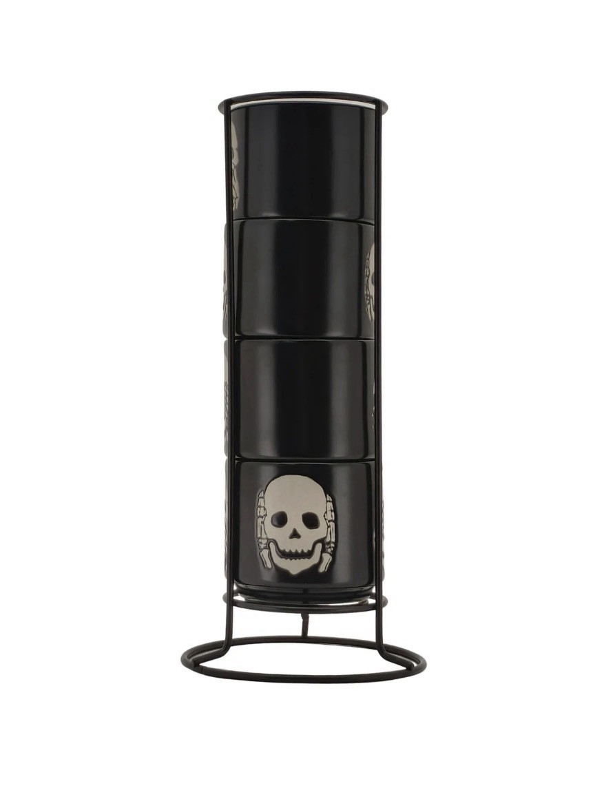 Skeleton Espresso Mug Set with Iron Rack Stoneware Spooky Halloween 4 oz Cups
