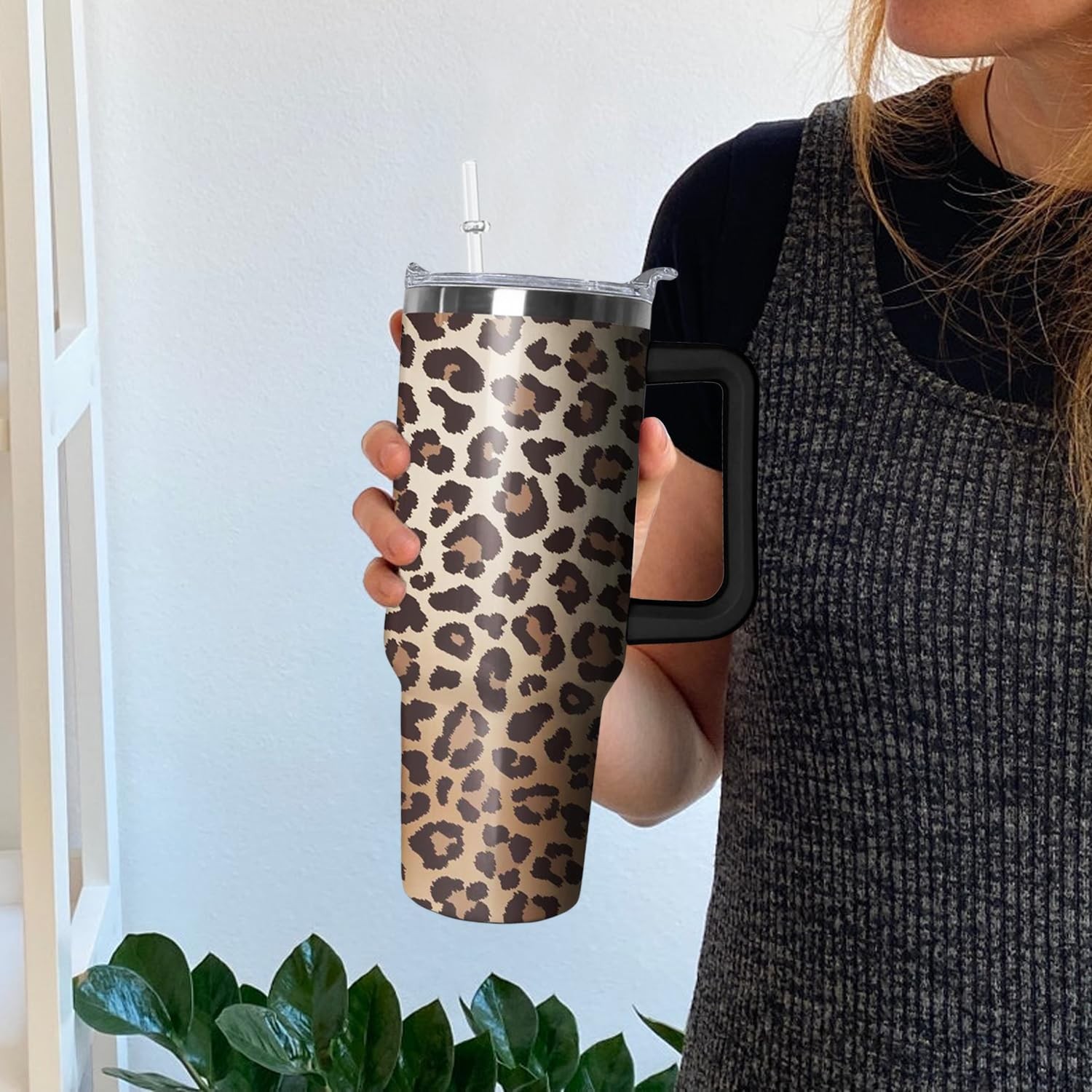 40 Oz Tumbler With Handle, Leopard Print Cheetah Coffee Travel Mug Cup, Water…