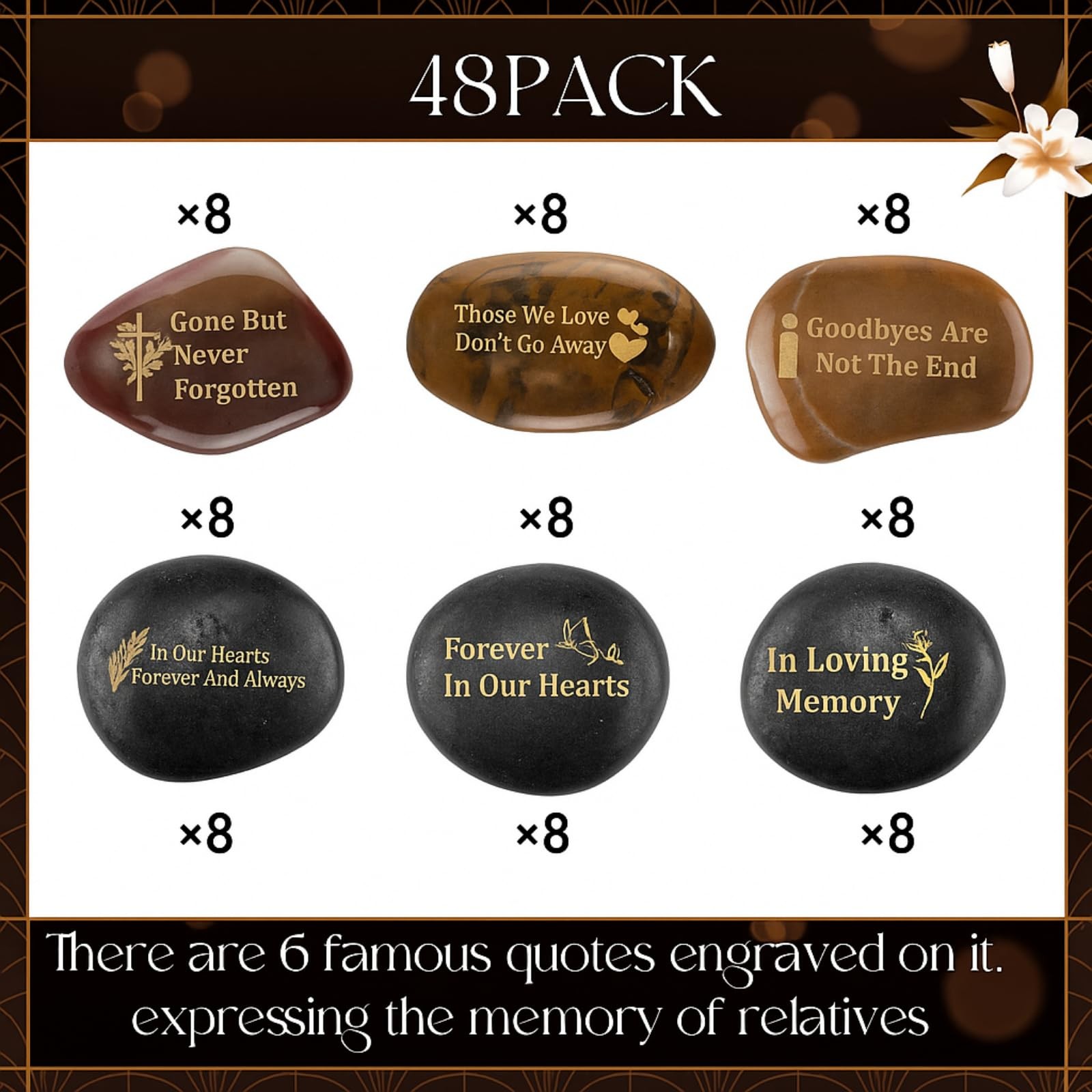 48 Pcs Memorial Stones for Celebrations, Engraved River Rocks for Memorials