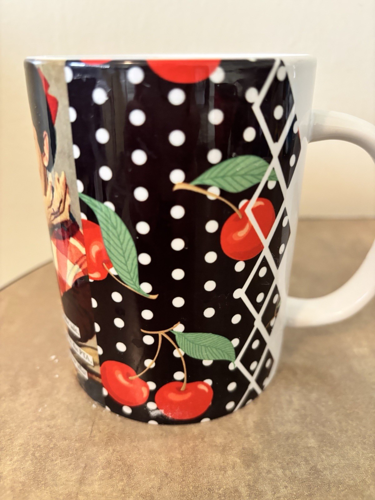 1950s-era woman in a red-and-white gingham dress with a cheeky caption Mug