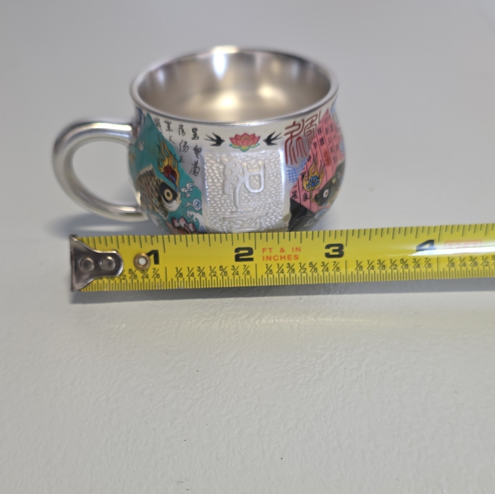 Silver Tone Metal Coffee Mug w/ Handle, Asian Fish Floral Decor, 8 fl oz