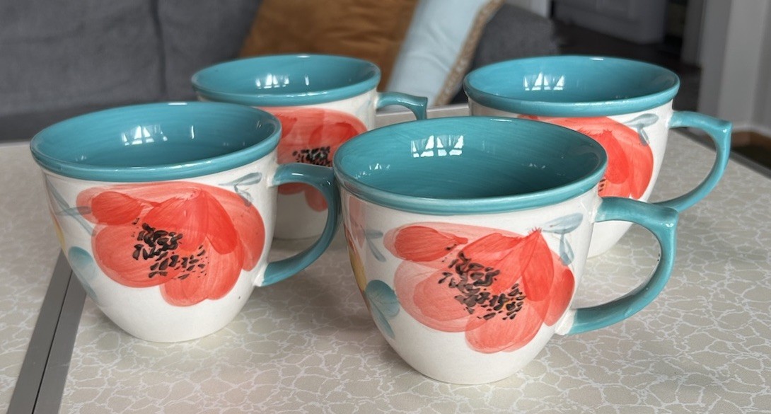 The Pioneer Women Flea Market Decorated Coffee Cup, Floral Turquoise, Set of 4