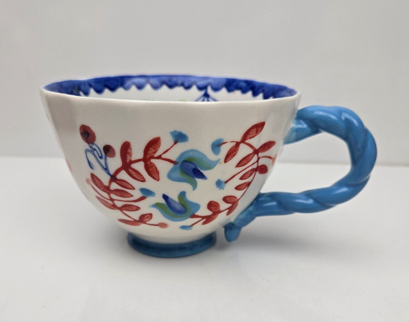 Anthropologie Mug PERCEFOREST Hand Painted Floral Flowers Twisted Handle Blue