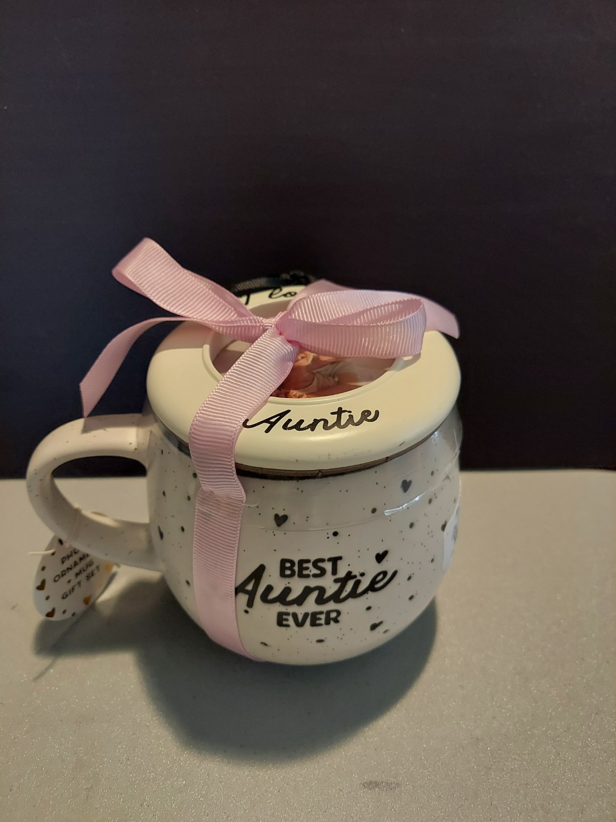 Aunt Photo Ornament Coffee Mug White Ceramic Black Fonts & Hearts -See Descript.