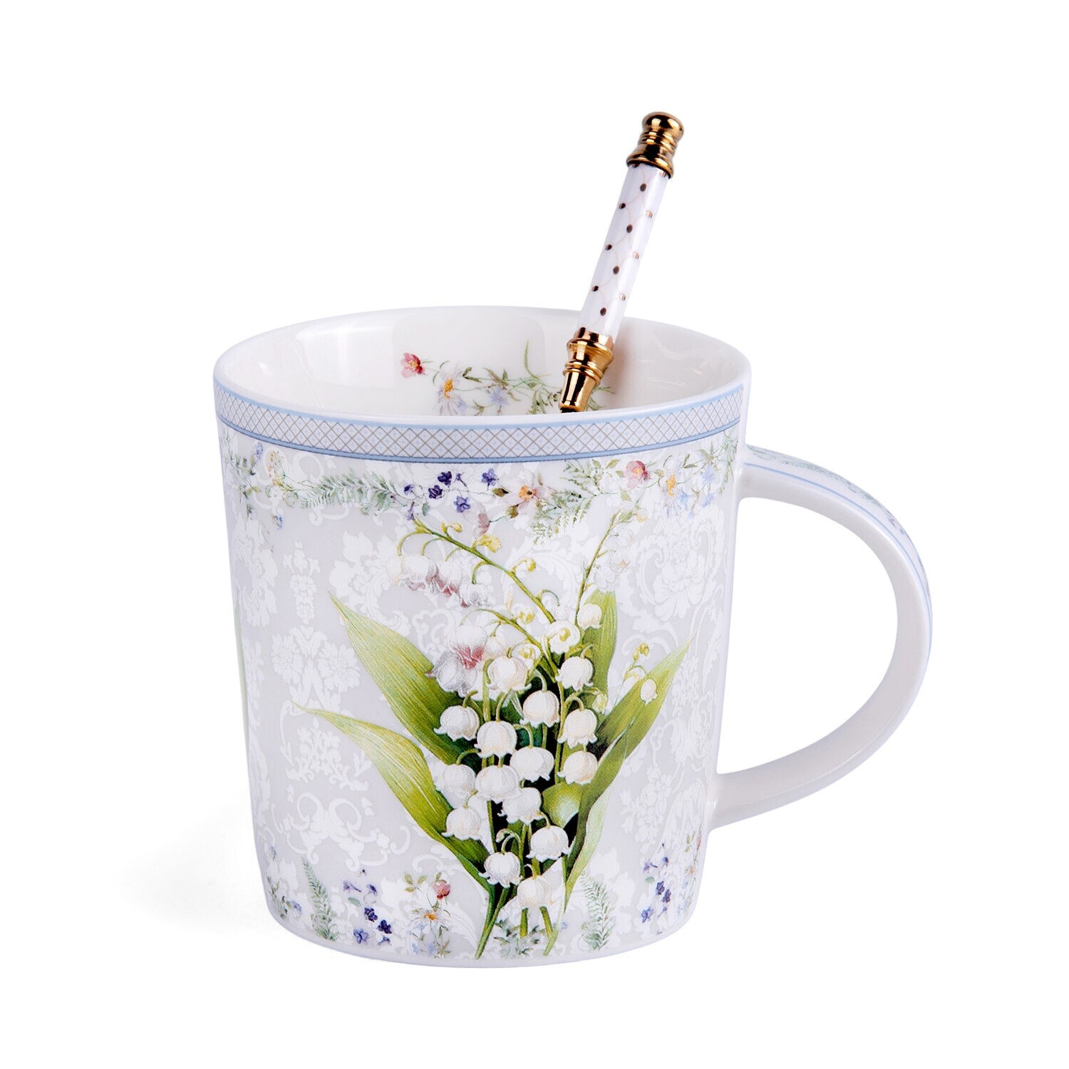 STPGOODS 2-pc Lily of the Valley Bone China Mug Set Coffee Tea Mug 2×10 fl oz