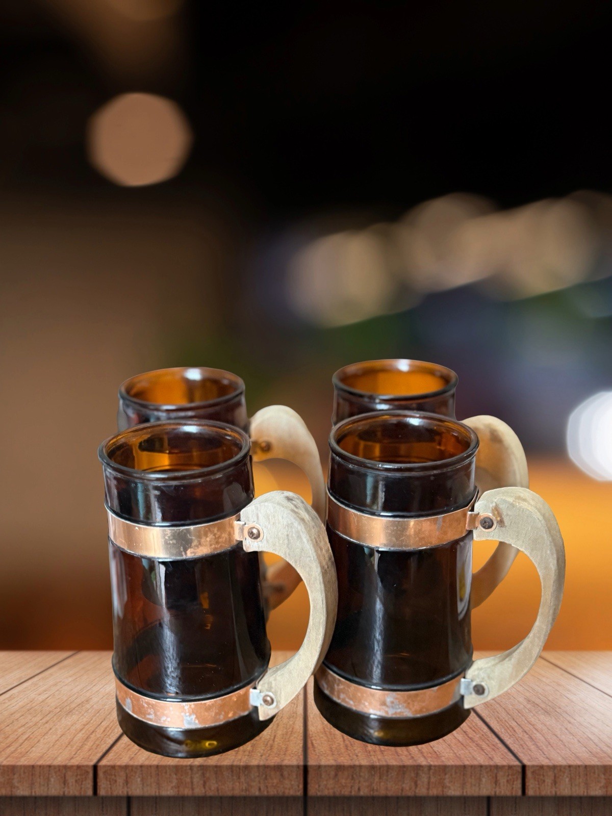 Siesta Ware Amber Brown Barrel Glass Beer Mug Wood Handle 4