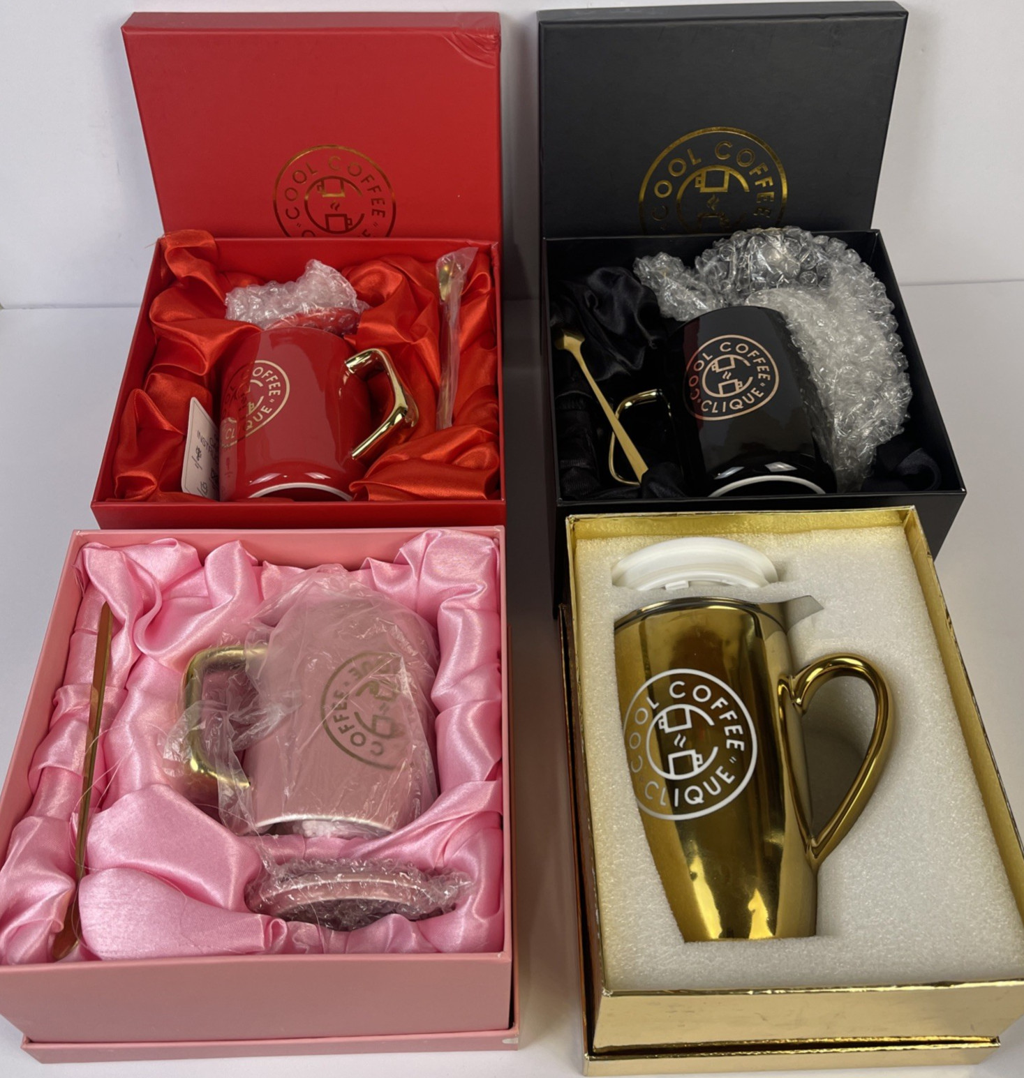 Coffee Mug Gift Sets With Boxes Lids And Spoons New In Box Lot Of 4 Pink Red