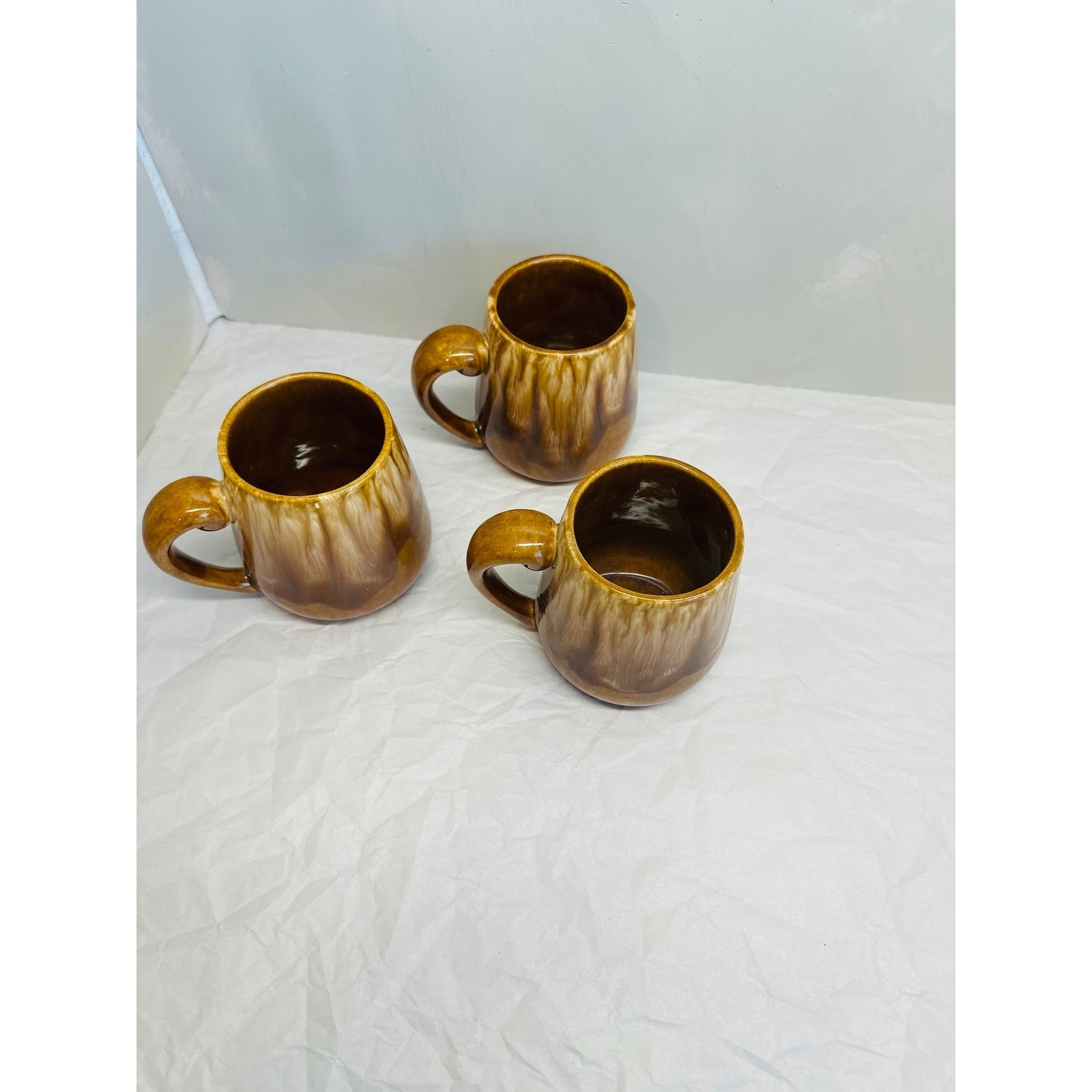 Vtg 1971 Drip Glaze Pottery Mugs Set of 3 Brown Tan Ceramic Mid Century Modern