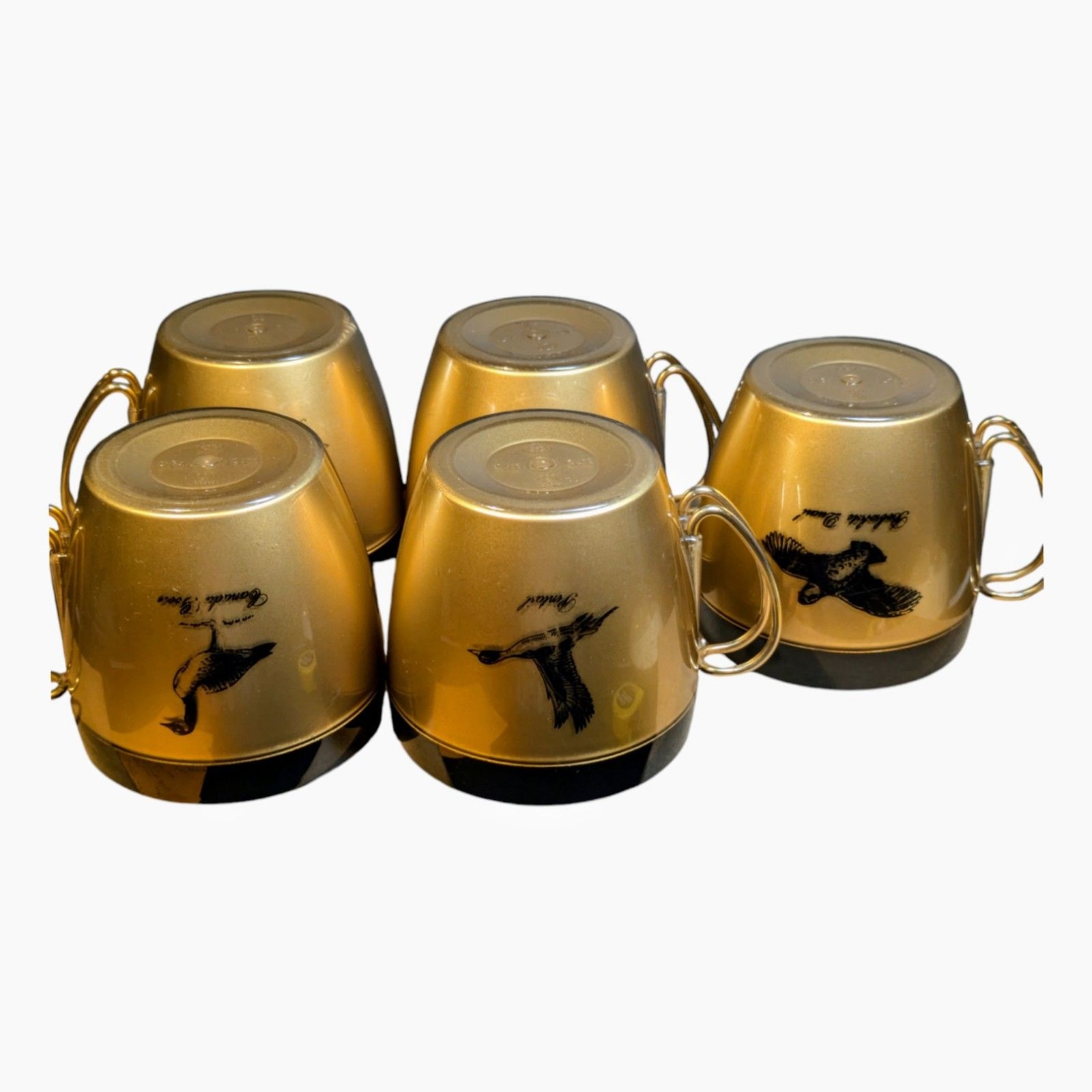 5 West Bend Insulated Mugs Cups Thermo-Serv Gold Black Birds Metal Handles MCM