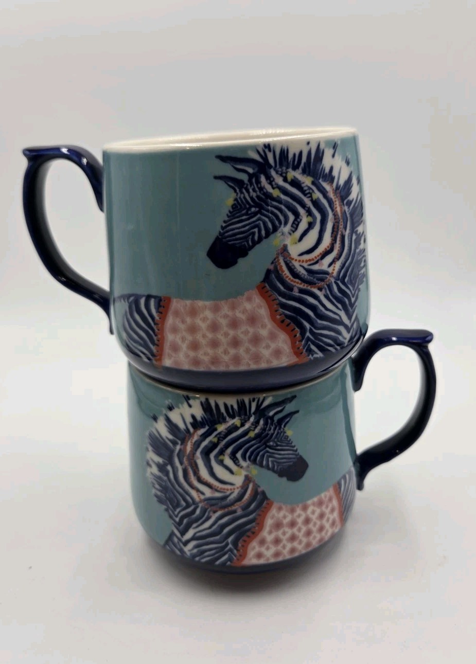 2 Anthropologie Paige Gemmel Eastern Animals Mugs Wild Zebra With Blanket