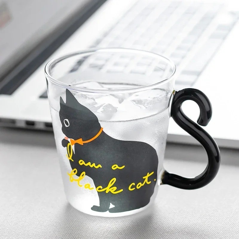 250ml Cartoon Cat Glass Mug with Handle Heat Resistant Microwave Safe Cup