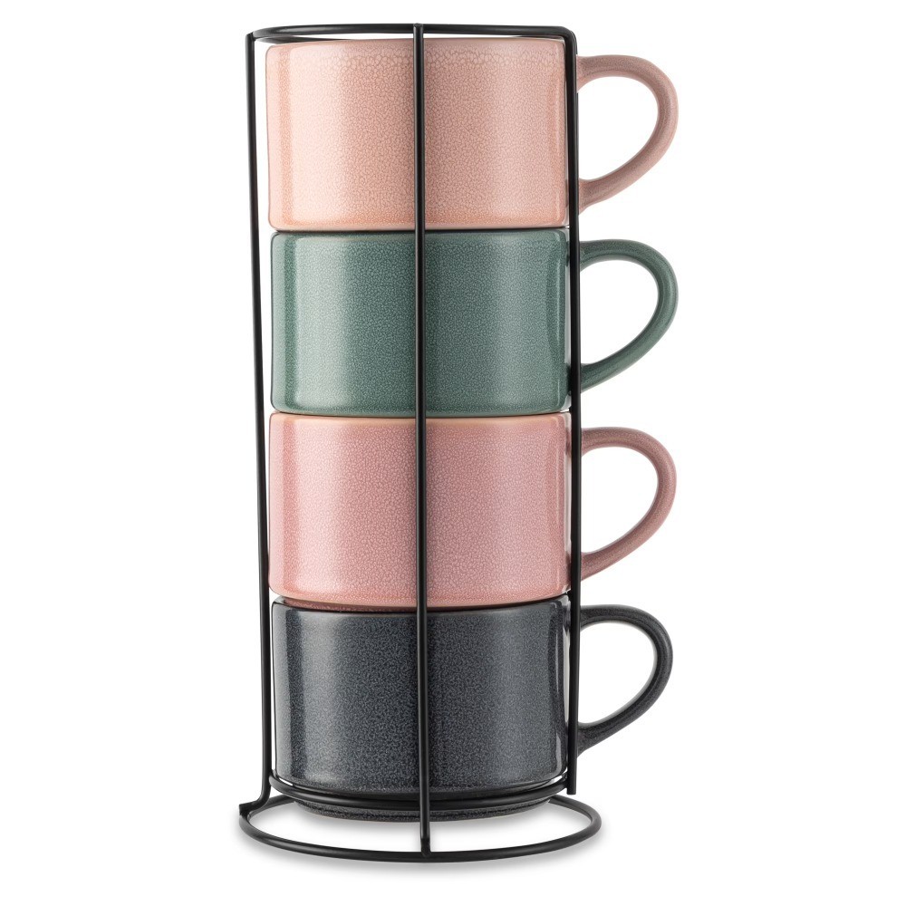 4 Pack Stacking Mugs, Reactive Mix of Colors 11.1 fl oz, Stoneware