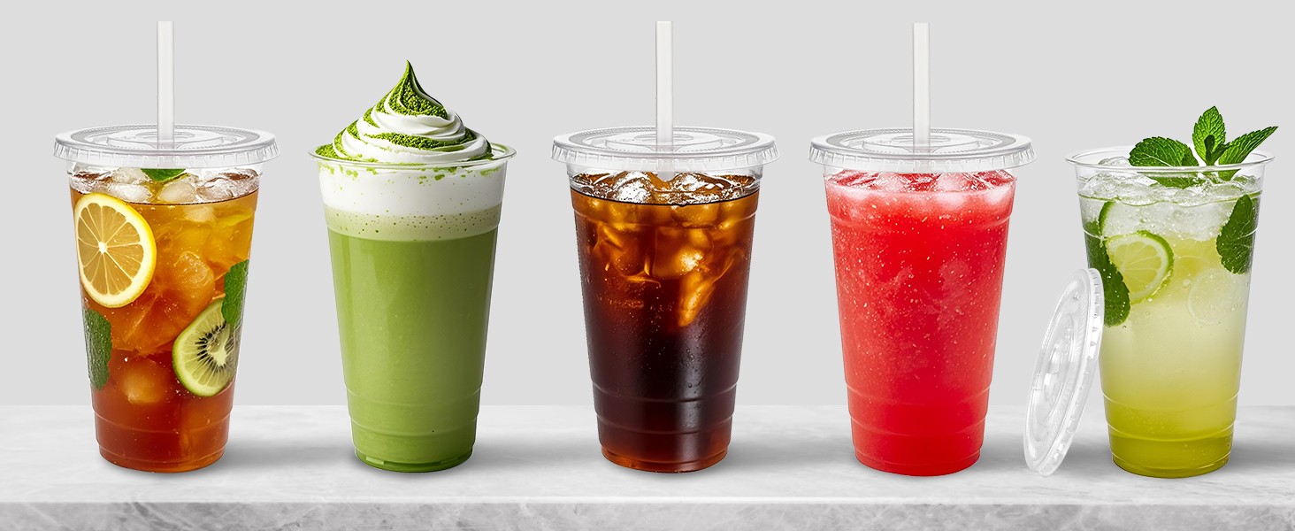 100 Sets- Clear Plastic Cups with Lids and Straws, Disposable To Go Cups for