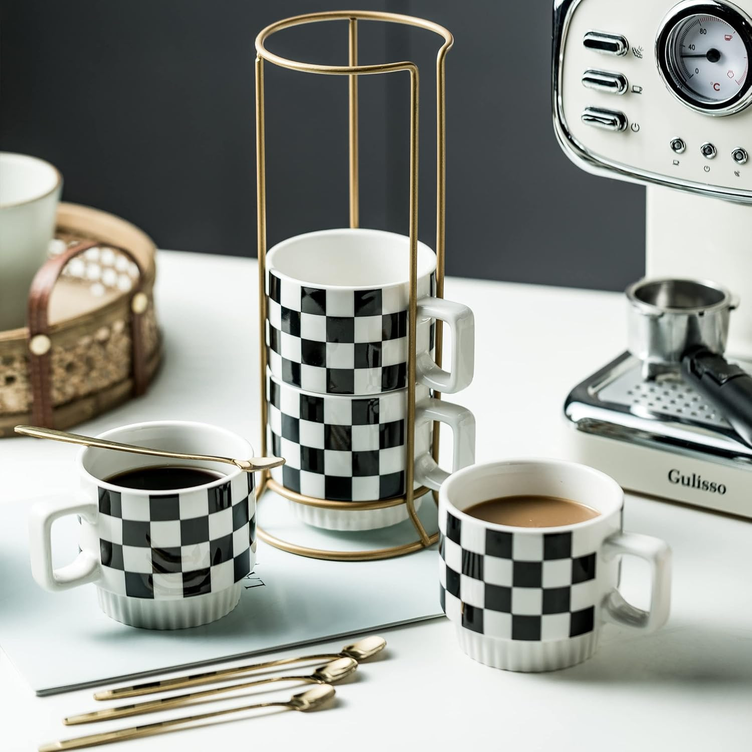 Stackable Coffee Mug Set of 4 with Rack 11 Oz Tea Cup Set with Little Spoon for
