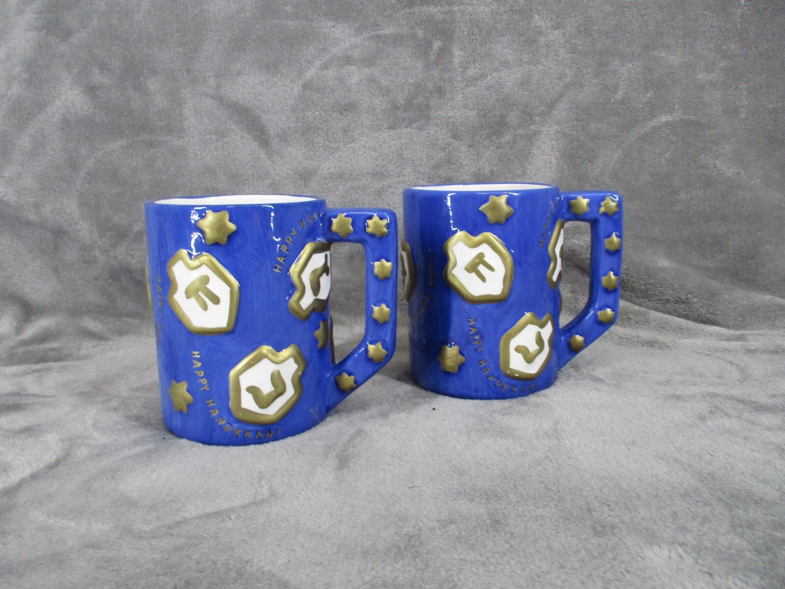 Happy Hanukkah Coffee Mug Set Large Handpainted Ceramic Vintage 1998 2 Piece GAC