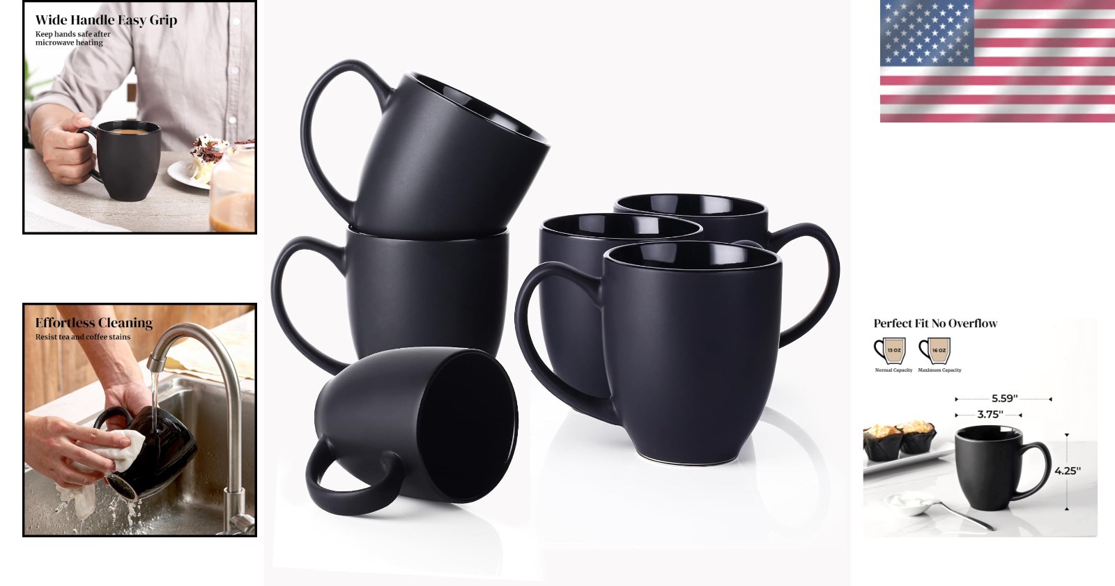 Elegant Black Ceramic Coffee Mugs, 16 oz, Set of 6