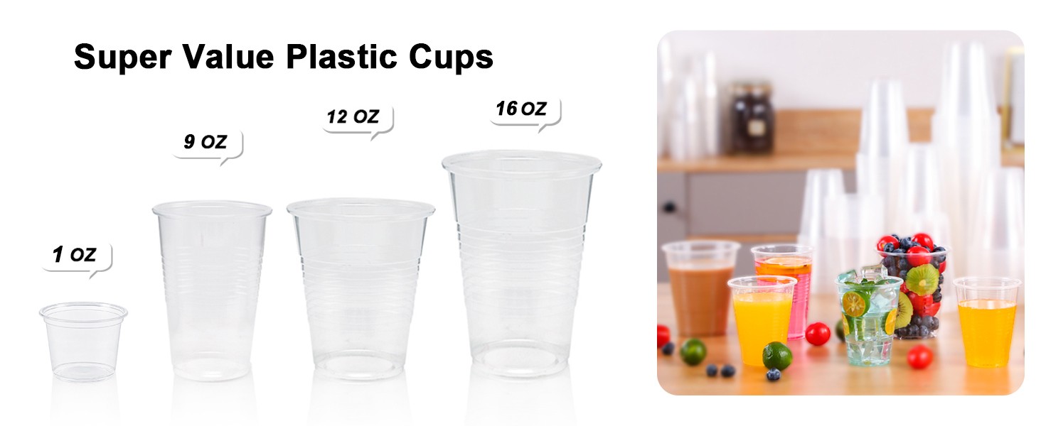 Clear Plastic Cups, 12 Ounce Disposable Cold Drinking Cups for Party, Picnic,