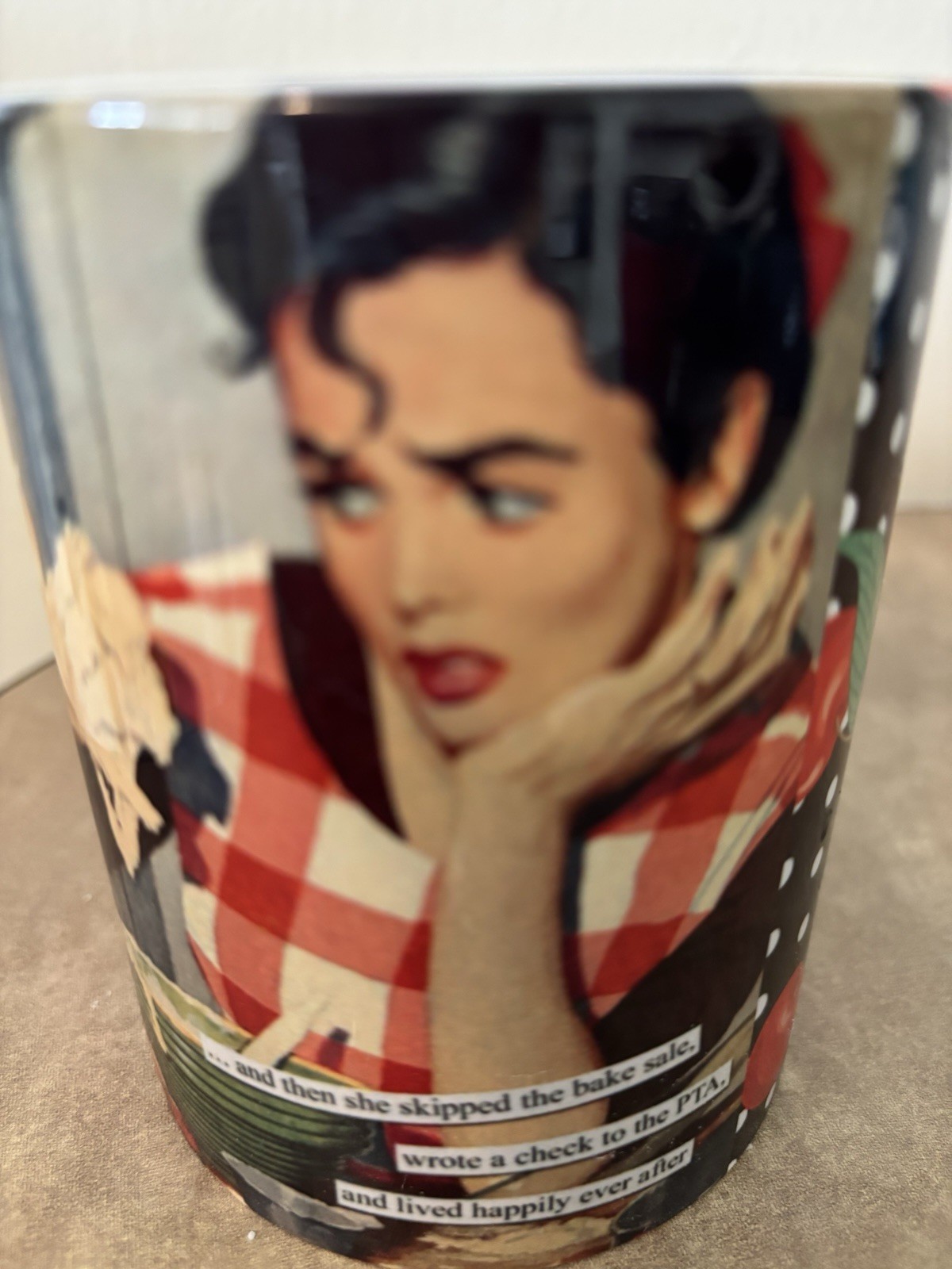 1950s-era woman in a red-and-white gingham dress with a cheeky caption Mug
