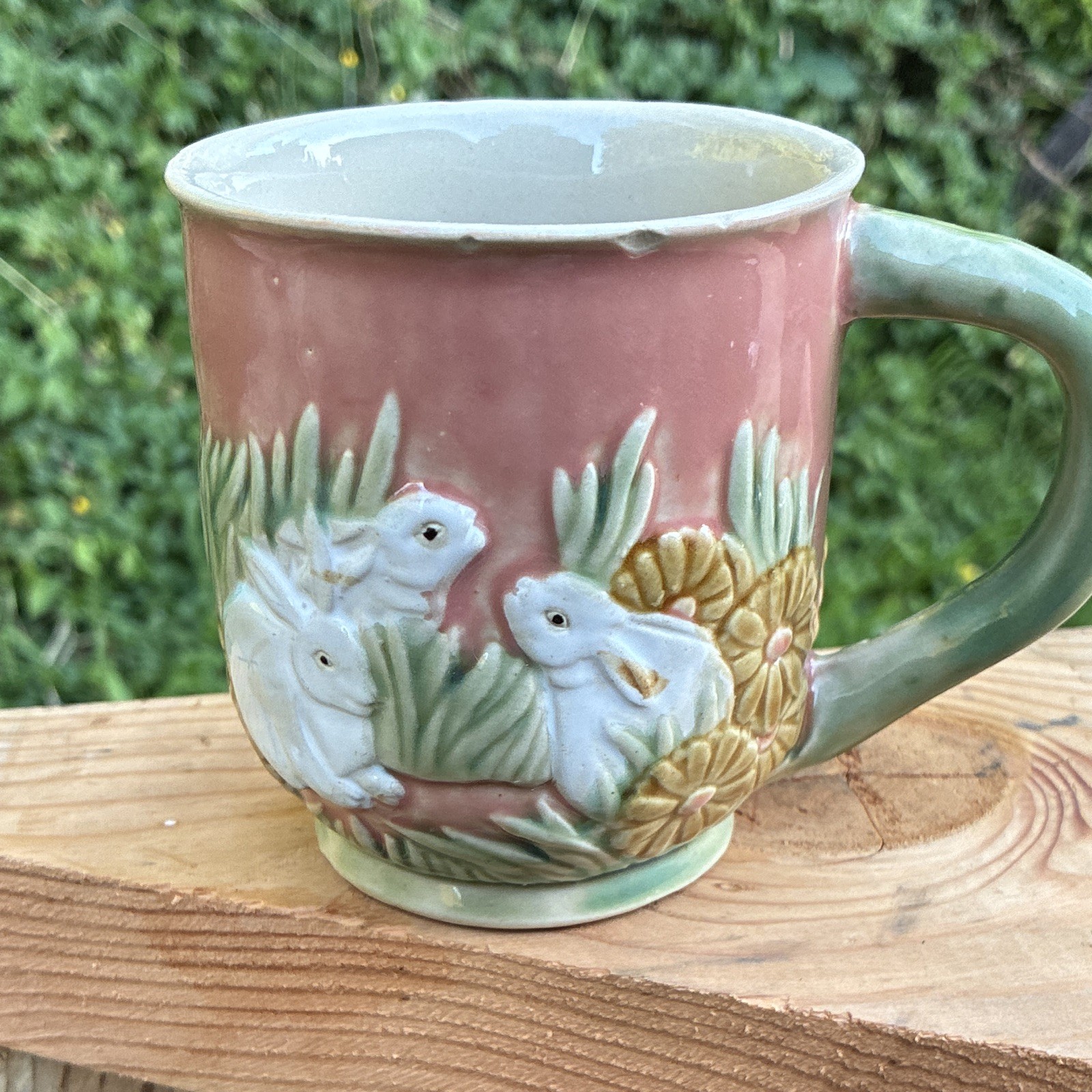 Ceramic Rabbit Relief Coffee Mug Pink/Green Handle 11 fl oz Embossed Decor