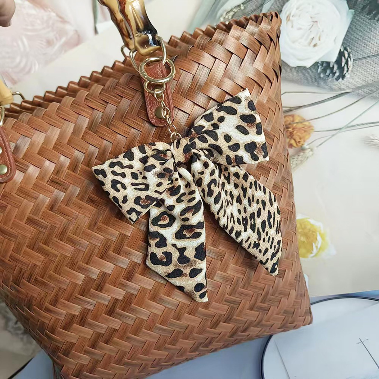Fuerxy Leopard Print Bow Bag Charm for Purse Handbags Medium, Brown
