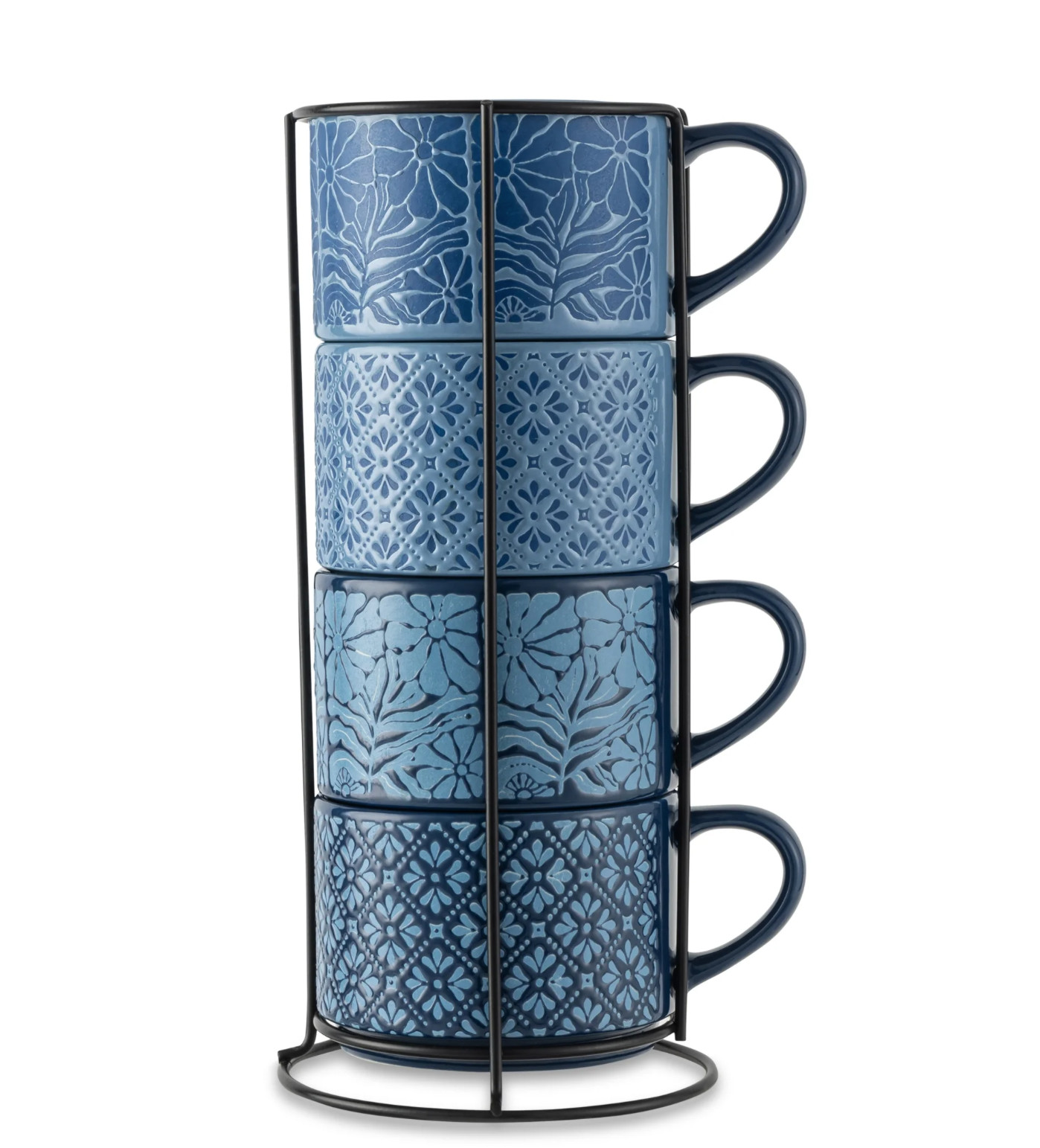 Stacking Mugs, Thyme&Table 11.1 fl oz Blue Flowers and Shapes Stoneware set of 4