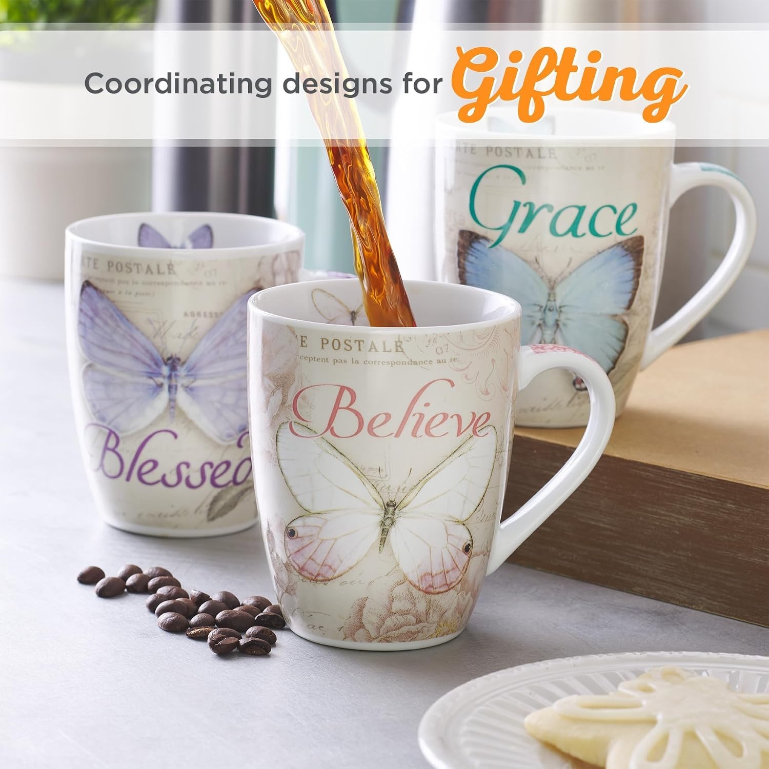 Botanic Pink Butterfly Ceramic Coffee Mug – Inspirational Coffee Cup for Wome…