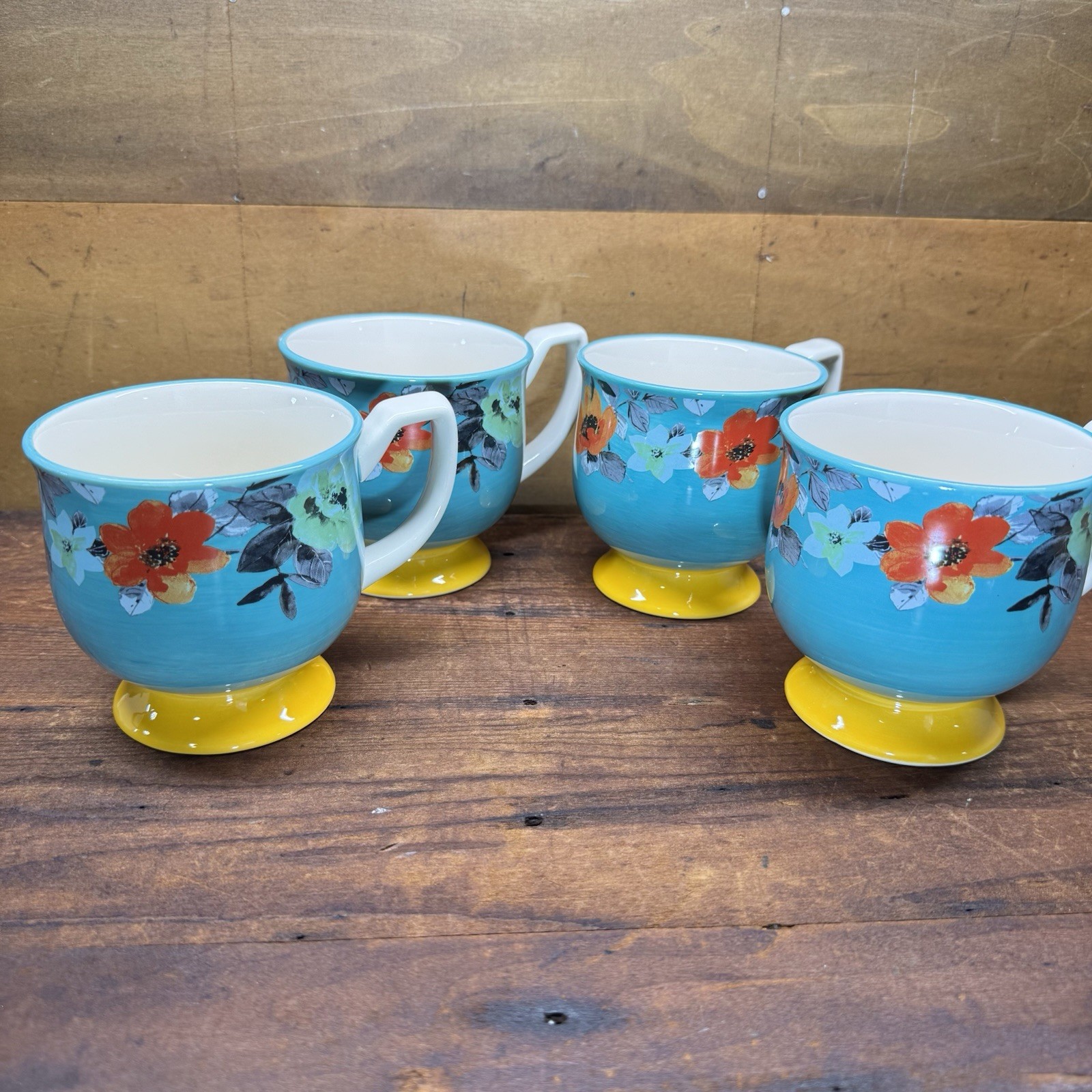 4 Pioneer Woman Mug Flea Market Footed Teal Yellow Flowers Turquoise Floral Farm