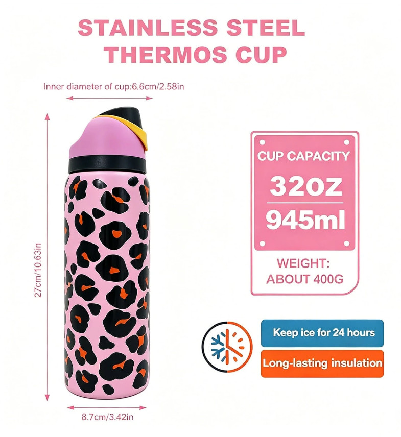 Owala 32oz FreeSip Stainless Steel Water Bottle – Jungle Stroll Pink -2026 Gift