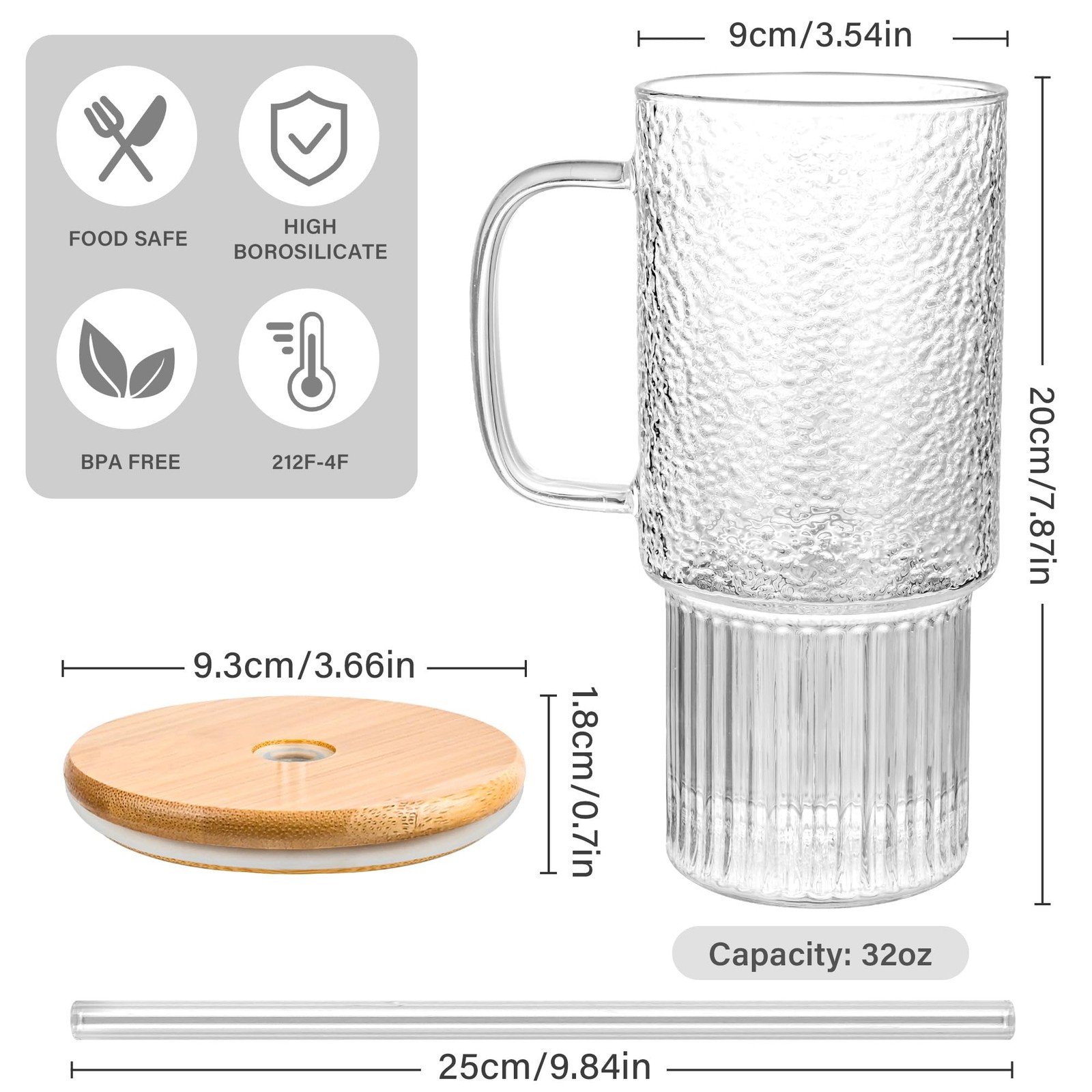 32oz Ribbed Borosilicate Glass Tumbler with Handle, Bamboo Lid and Straw, Ice…