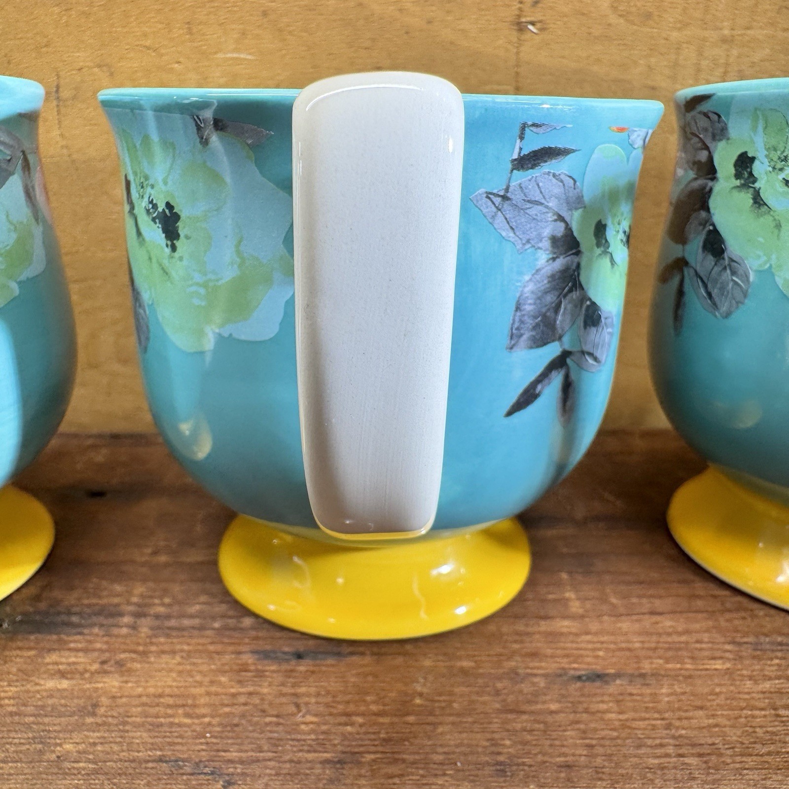 4 Pioneer Woman Mug Flea Market Footed Teal Yellow Flowers Turquoise Floral Farm