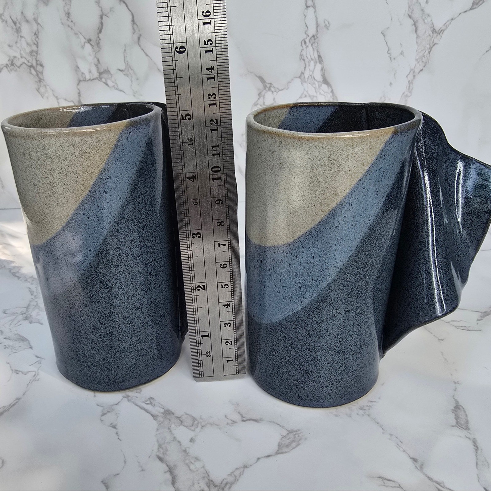 Studio Pottery Folded Handle Mugs Set of 2 Navy Blue Speckled Stoneware Artisan
