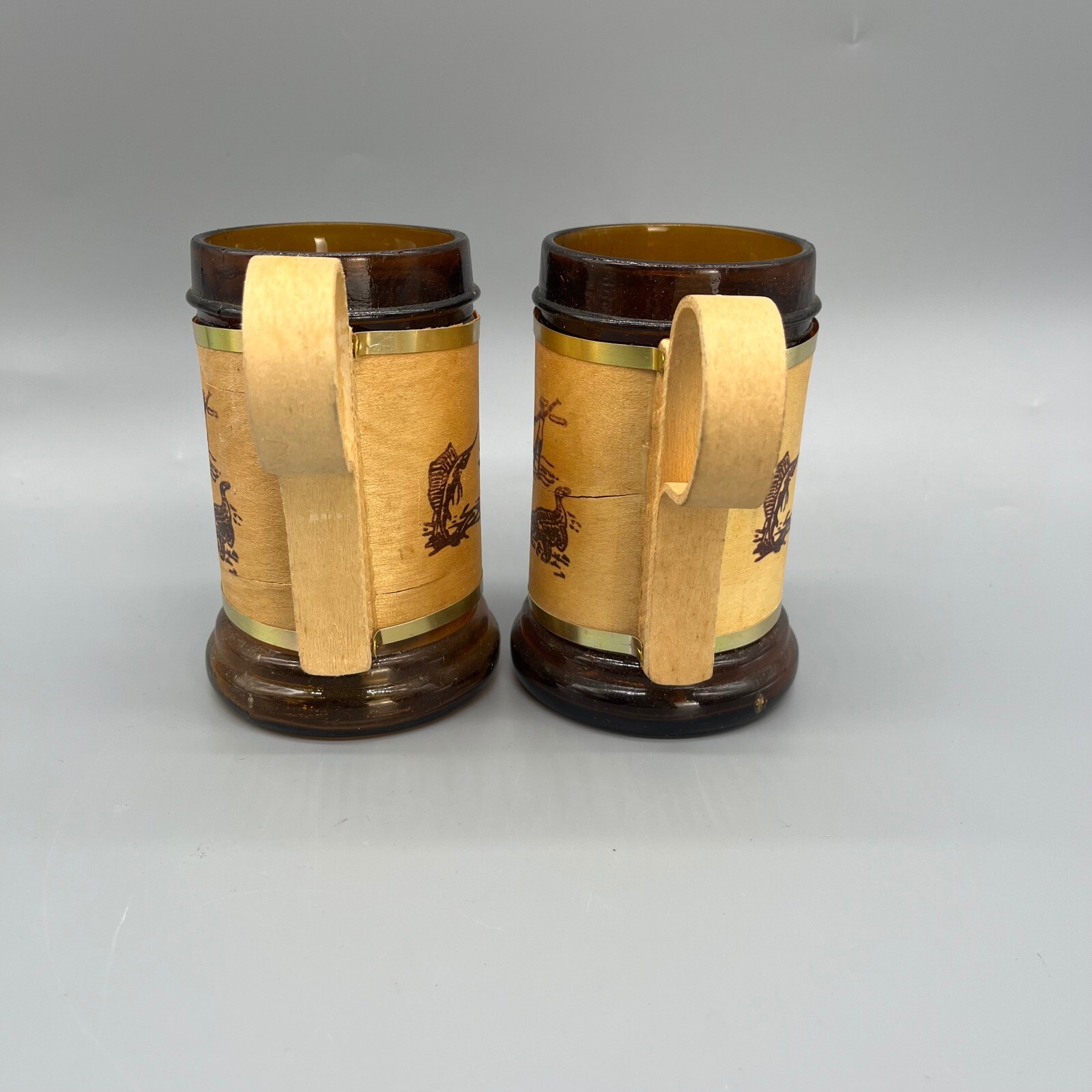 2 Vintage Souvenir Mugs Panama Beach Amber Glass Wood Alvin Island Stein Set NWT