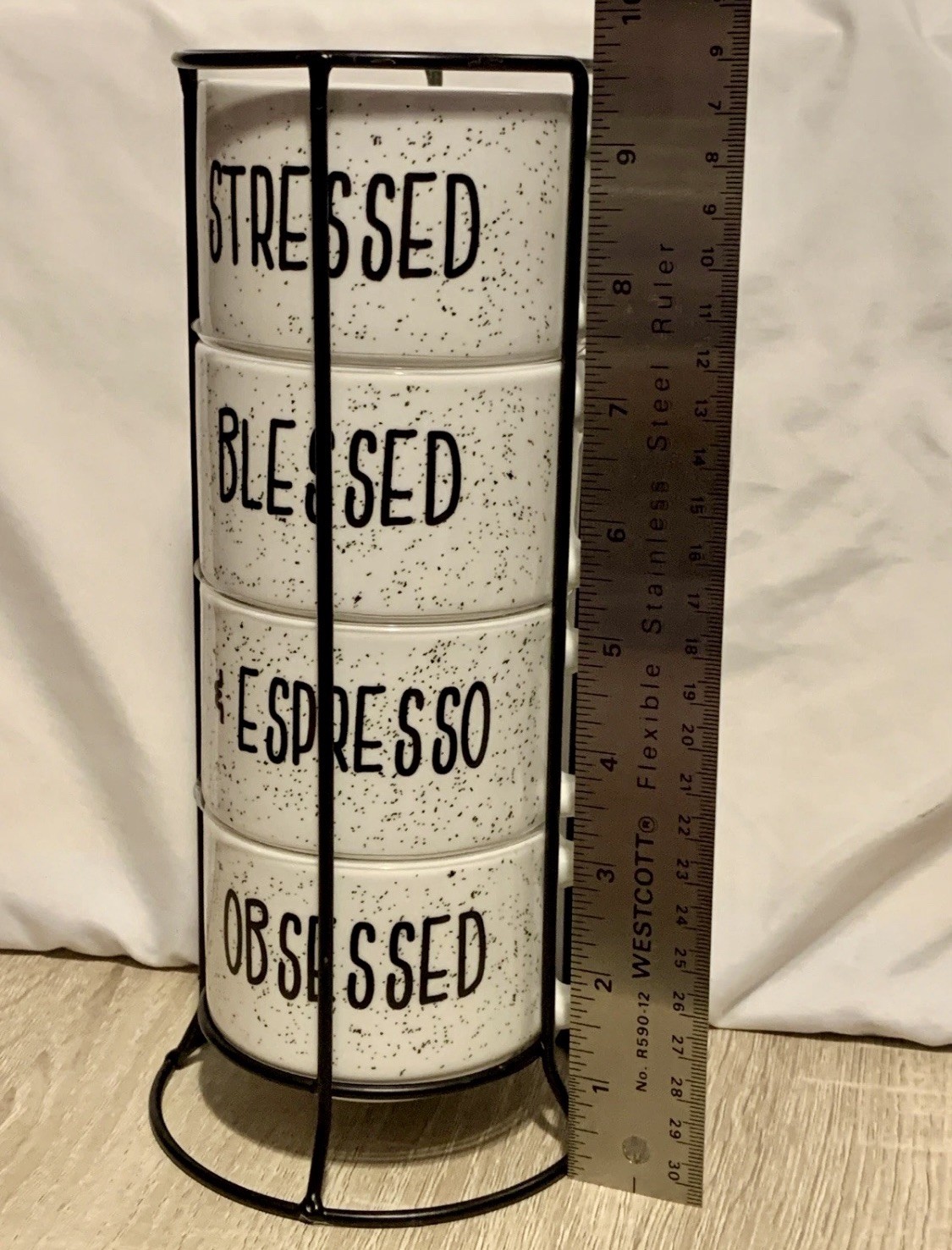 Stacking Espresso Cappuccino Coffee Mugs + Metal Rack Black & White Speckled 4ct