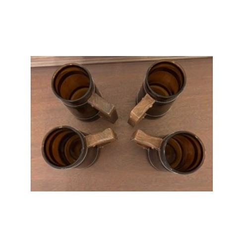 VTG Siesta Ware Amber Glass Mugs Set of 4 Brown Wood Handle MCM Rustic Barware