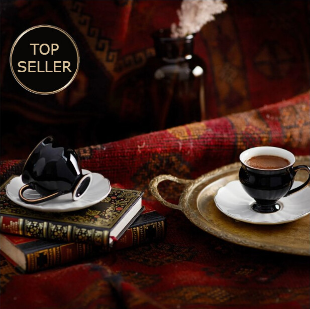 ARABIC TURKISH OTTOMAN PORCELAIN ESPRESSO CUP SET OF 2 KARACA BLACK SWAN