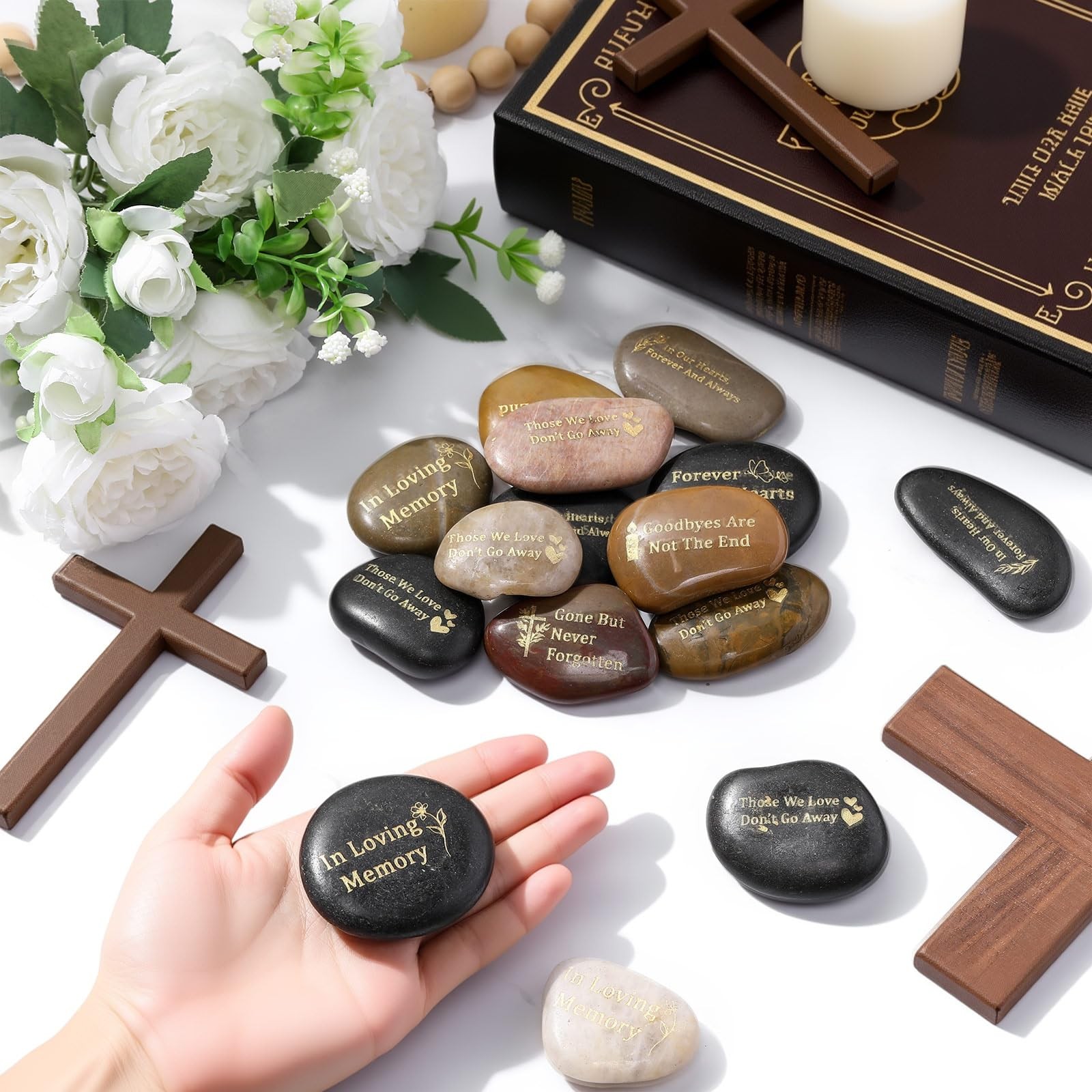 48 Pcs Memorial Stones for Celebrations, Engraved River Rocks for Memorials