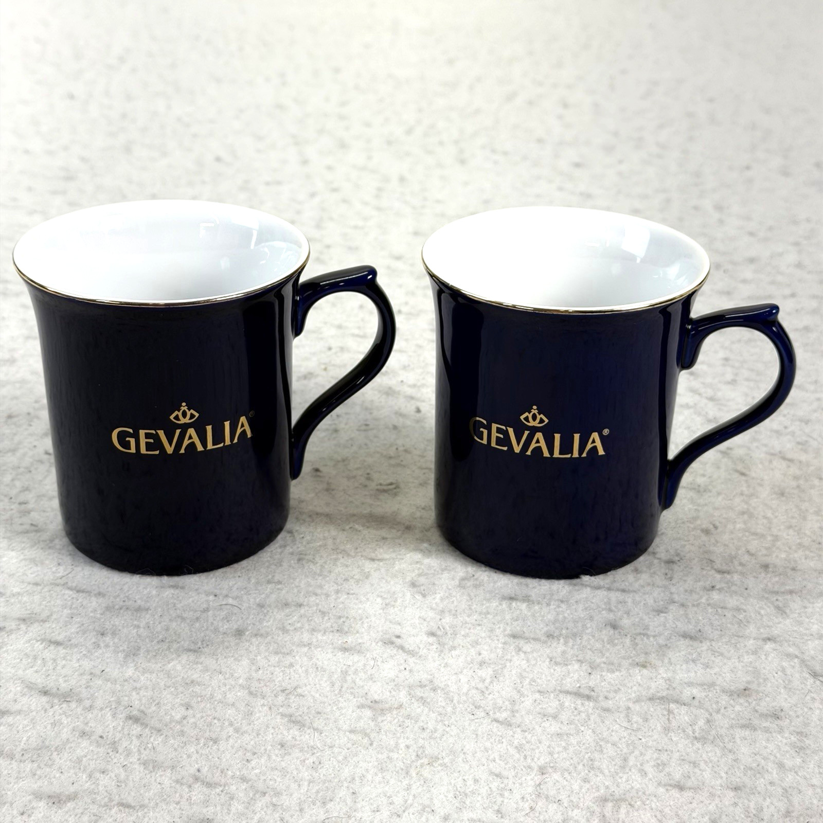 GEVALIA Coffee Mug 10oz Cobalt Blue Porcelain w/ Gold Rim & Lettering Set of 2