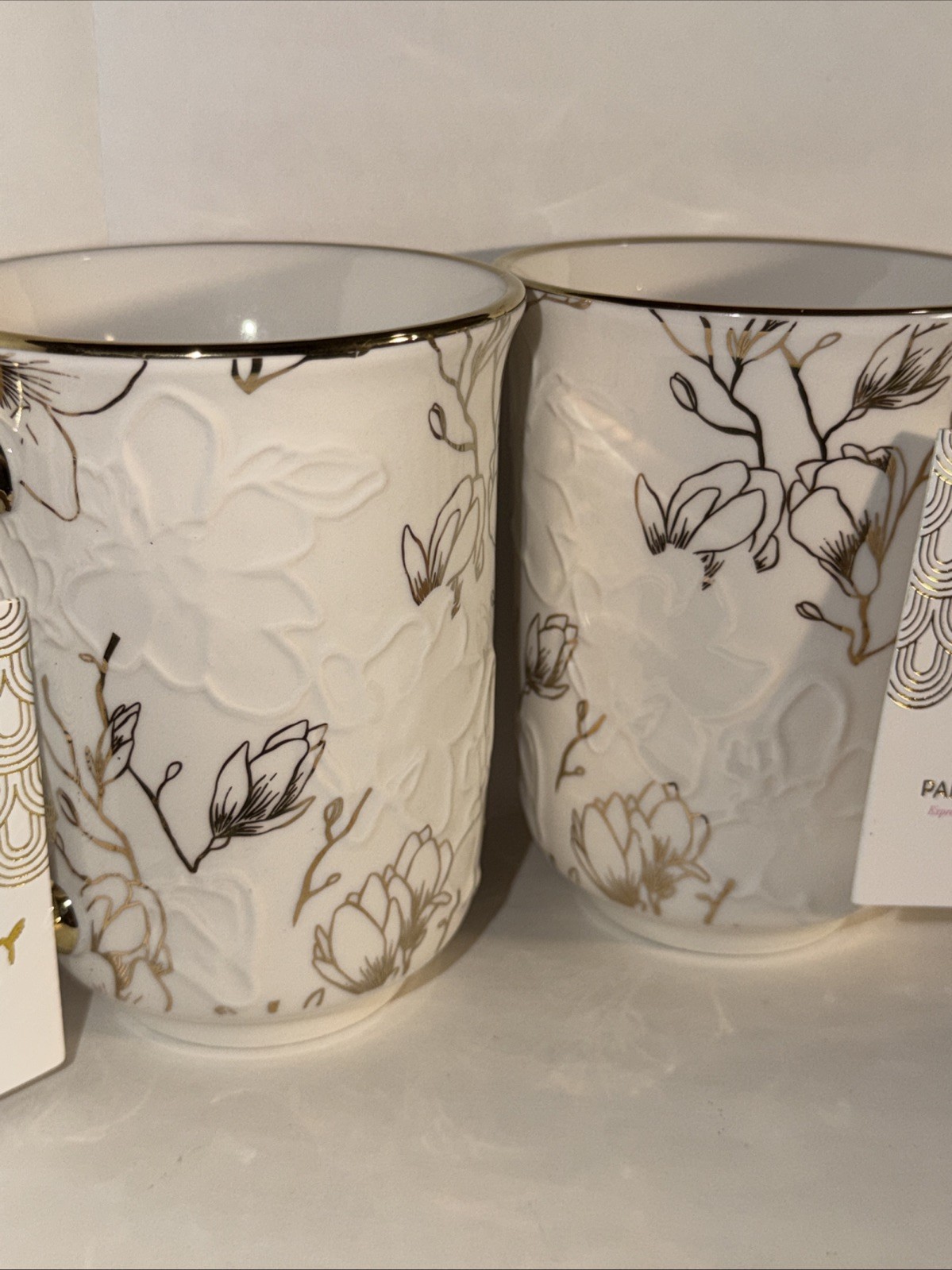 PAPYRUS Embossed Floral Design Ceramic Mugs with Gold-Tone Rim&Handle Set of 2