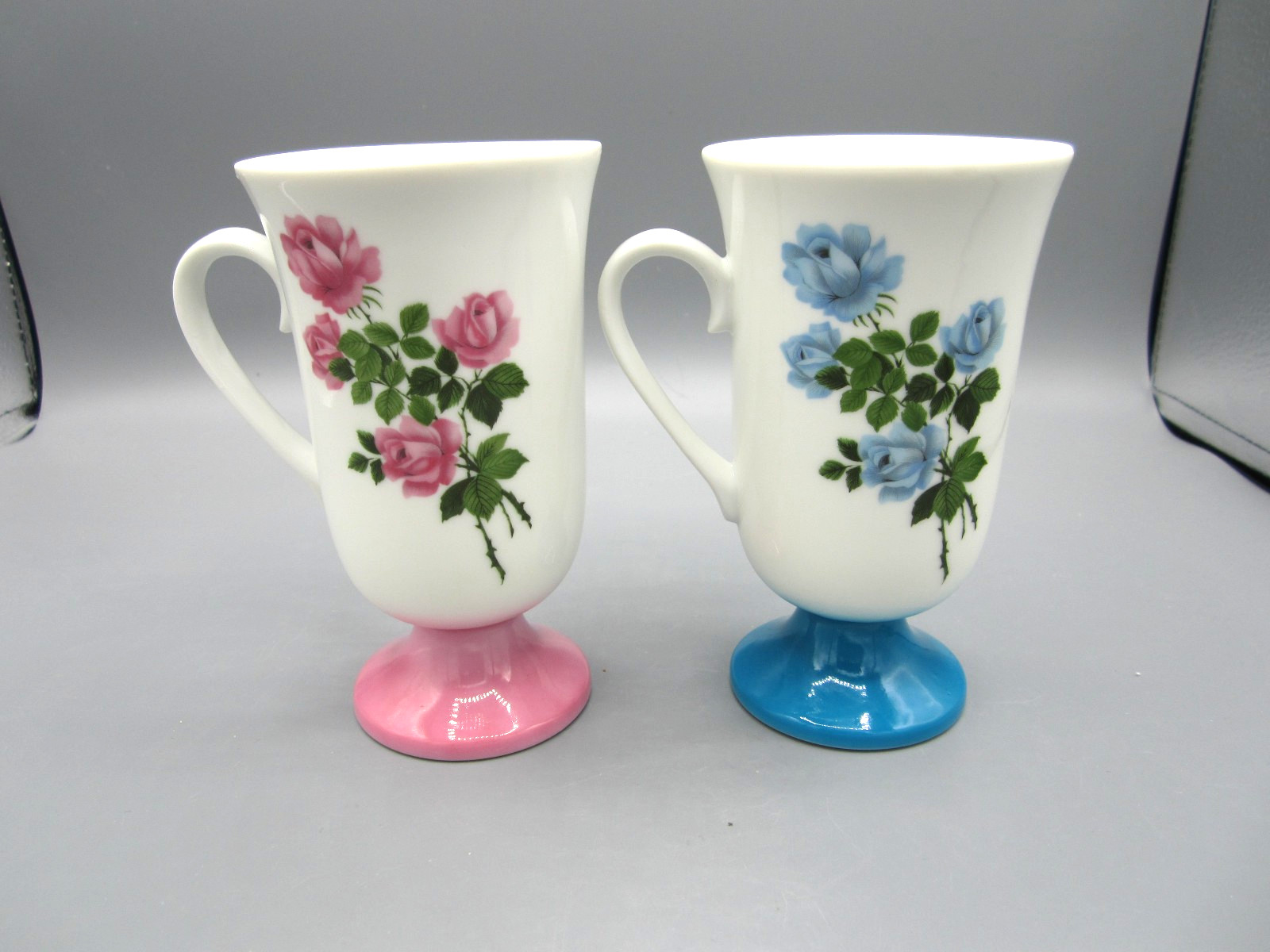 Pair of Footed Japan White Pink Rose, Blue Rose Coffee Tea Cup 9 oz. (577)